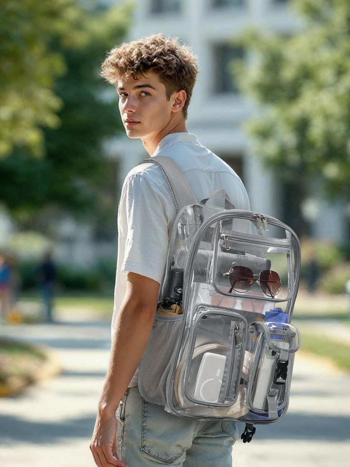 Heavy Duty Clear Backpack For School, 17 Inch Large Clear Bookbag For Kids Boys Girls Women Men, 360° 3M Reflective Strips See Through Backpack, Multi-Pockets Tranparent Bag, College Work, Grey