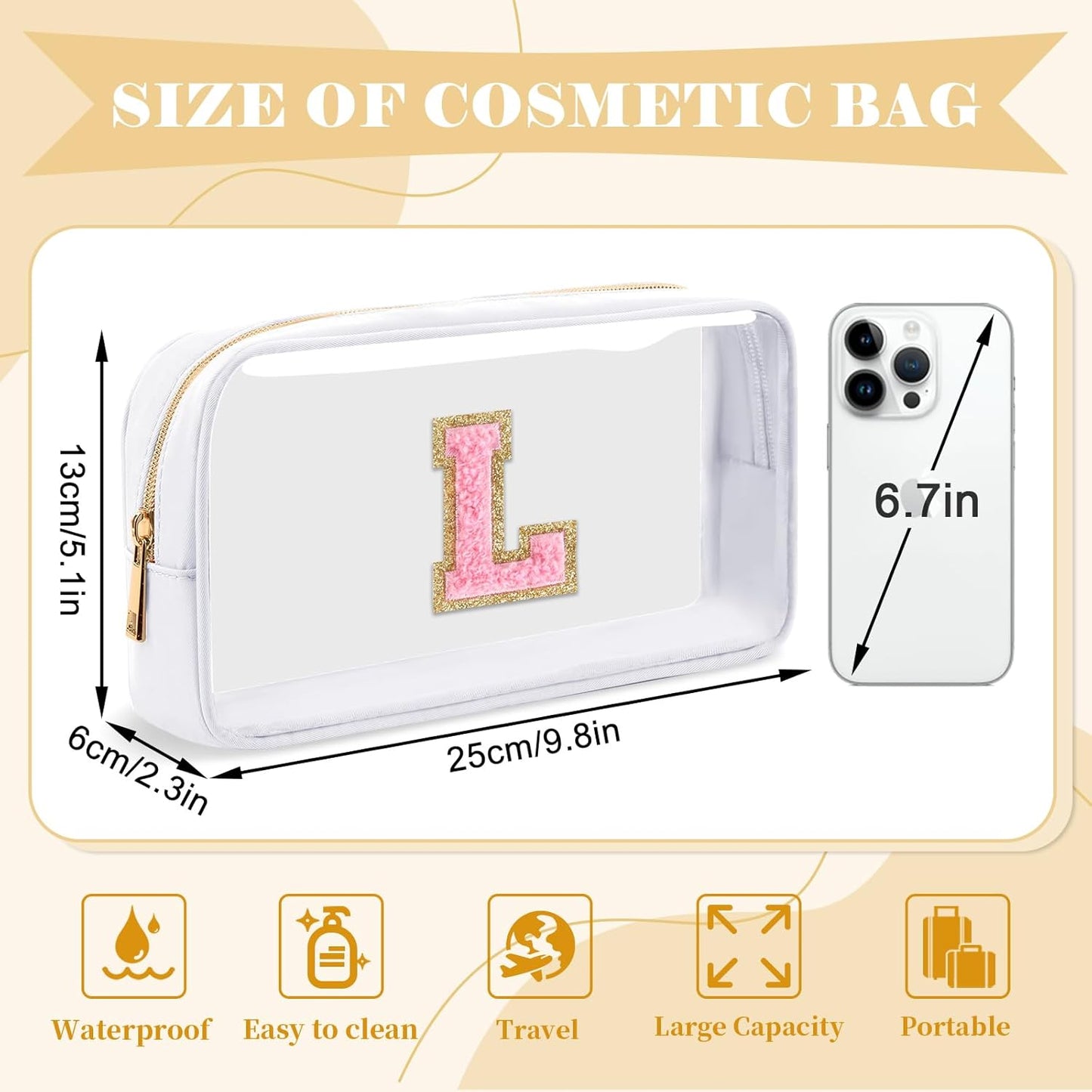 Personalized Initial Letter Clear Makeup Bag,Preppy Small Nylon&PVC Cosmetic Zipper Bag with Chenille Letter,Travel Skincare Toiletry Bag,Monogram Christmas Gift for Teen Girls Women,L