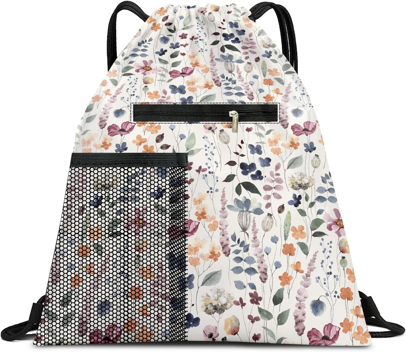 Drawstring Backpack Sports Gym Bag, Large String Swim Bag for Beach With Water Bottle Mesh Pocket, Cute Gym Sack with Zipper Pocket for Men Women Boho Flowers