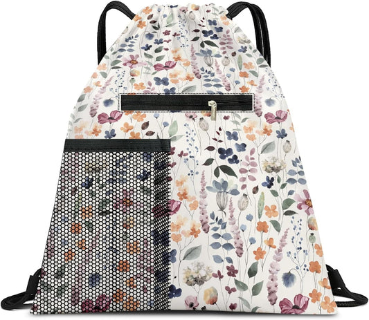 Drawstring Backpack Sports Gym Bag, Large String Swim Bag for Beach With Water Bottle Mesh Pocket, Cute Gym Sack with Zipper Pocket for Men Women Boho Flowers