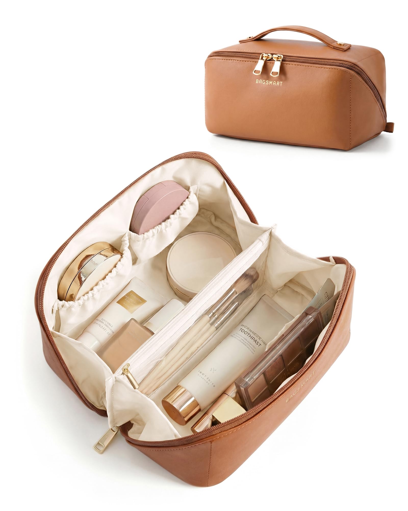 BAGSMART Makeup Bag Travel Cosmetic Bag,Women Toiletry Case, Classic Brown