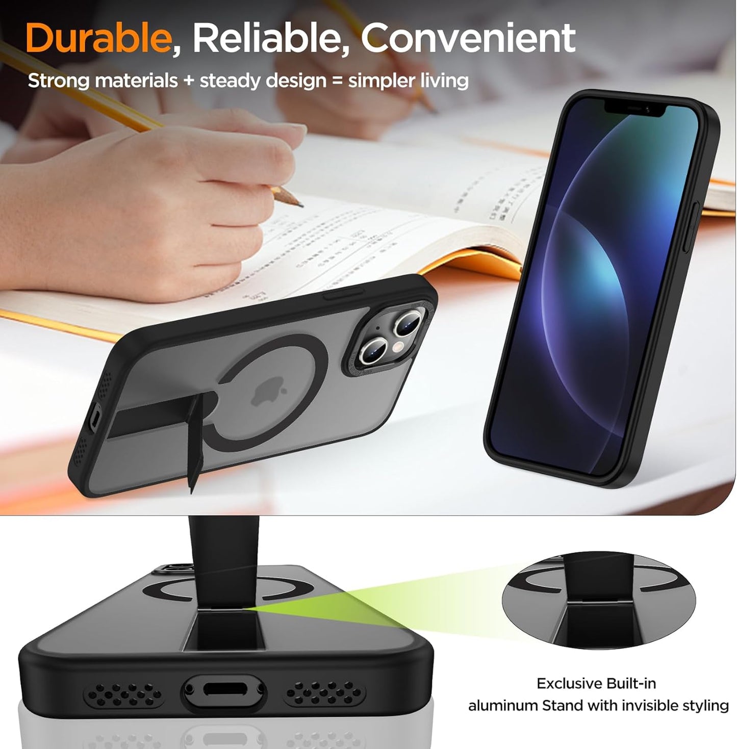 for iPhone 14 Case with Kickstand, Compatible with MagSafe, [Invisible Stand] Anti-Slip Shockproof Military-Grade Protection, Magnetic Slim Translucent Phone Case for iPhone 14 (Black)