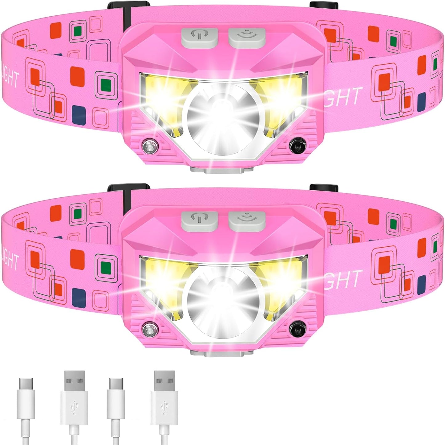 LHKNL Headlamp Flashlight, High Lumen Bright LED Rechargeable Headlight with White Red Light, 2-Pack Waterproof Motion Sensor Head Lamp, 8 Mode for Camping Running Hiking Fishing Gear- Pink