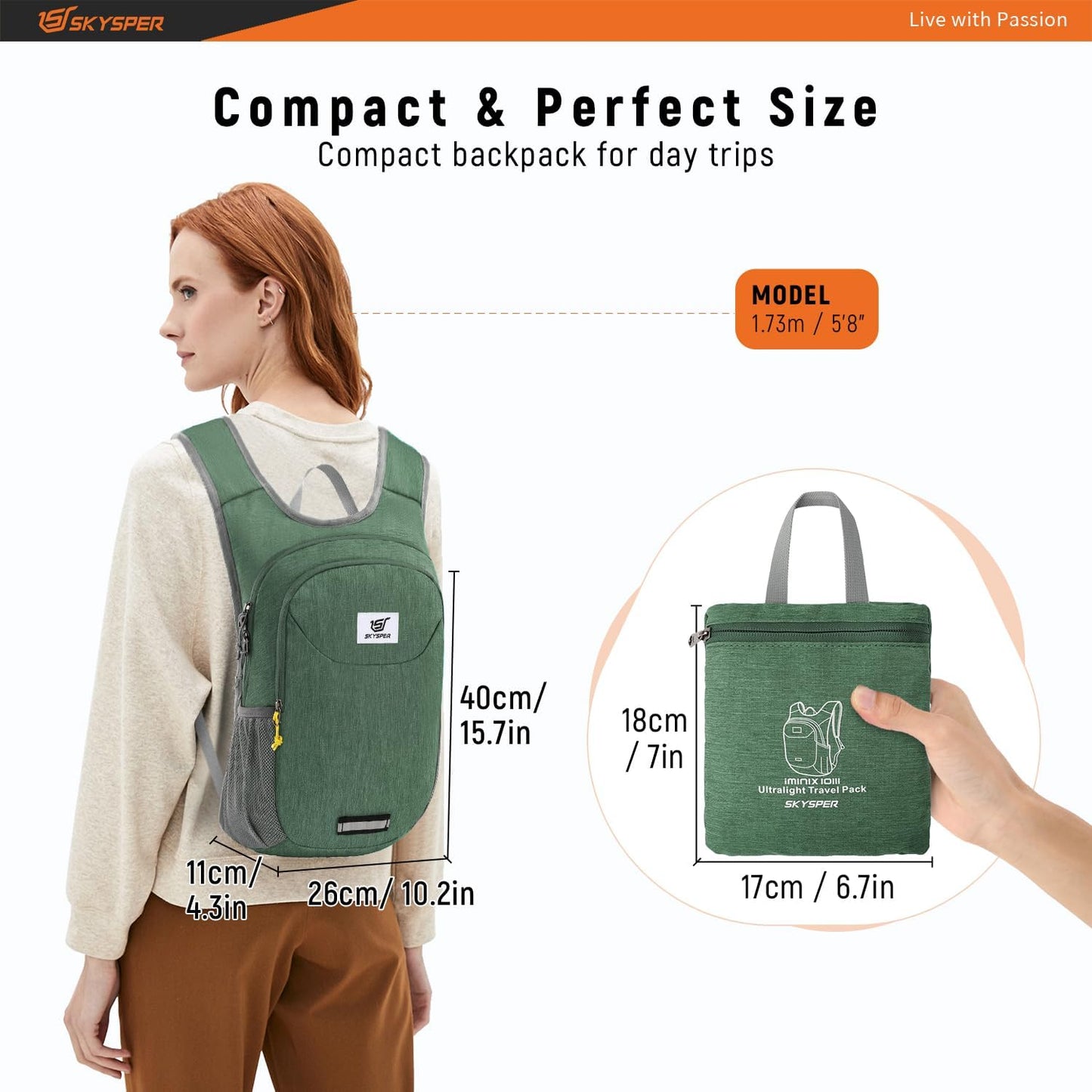 SKYSPER Small Hiking Backpack 10L Packable Lightweight Back Pack Foldable Travel Daypack for Women Men