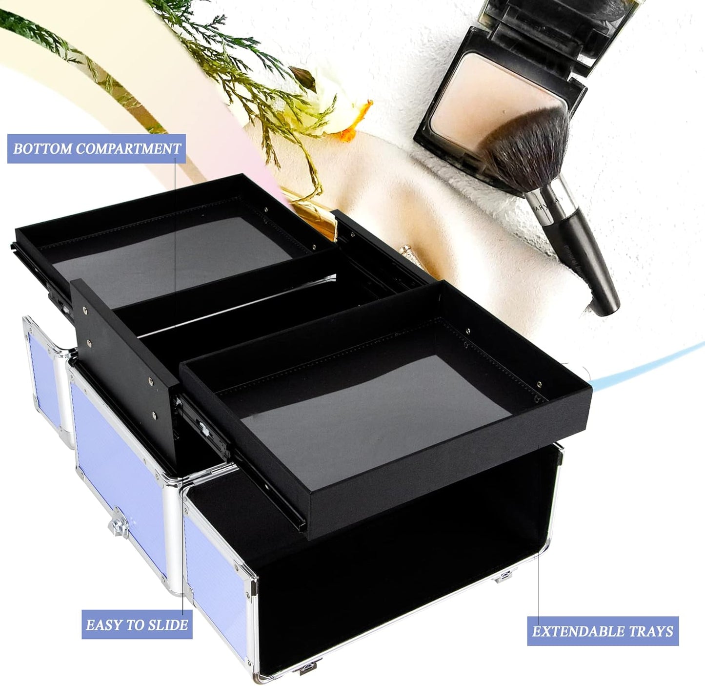 Ver Beauty Makeup Organizer, Cosmetic Travel Kit, Makeup Artist Supplies, 2 Sliding Trays, Lockable Storage Box, Makeup Train Case, Aluminium Case, Lightweight Makeup Vanity (Lavender Stripes)