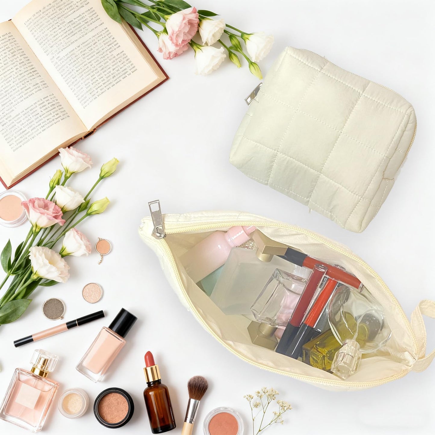 White Puffy Puffer Makeup Bag for Purse Small Makeup Pouch Quilted Cosmetic Bag Cute Cotton Toiletry Pouch Bag for Women