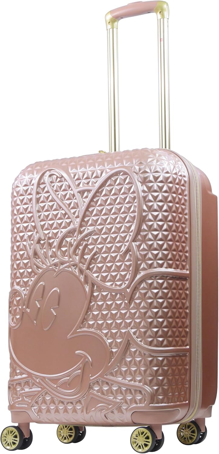 FUL Disney Rolling Luggage, Textured Hardshell Suitcase with Wheels, Minnie Mouse-Rose Gold, 25 Inch