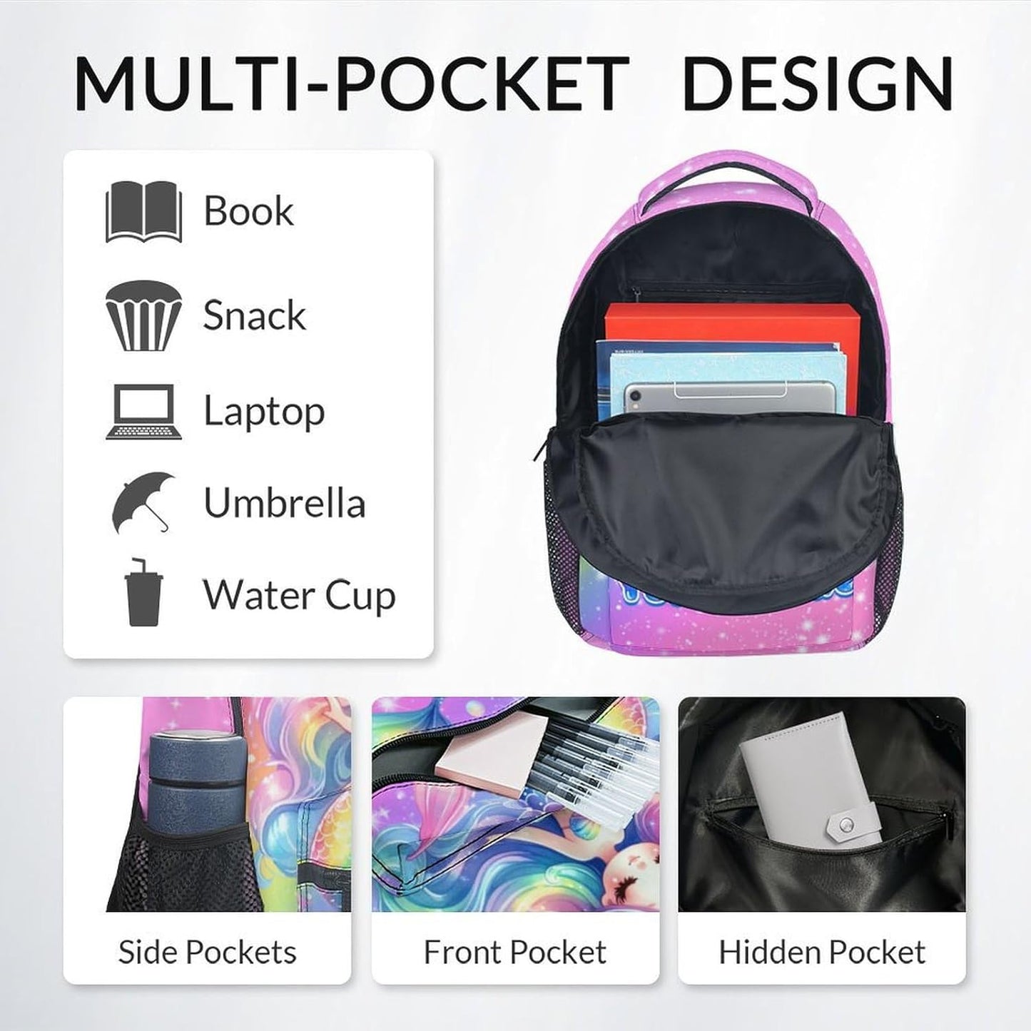 Girl Backpack, Personalized Mermaid Backpacks for Kids, 17" Toddler Bookbag for Preschool Kindergarte Elementary, Back to School Gifts Ideas
