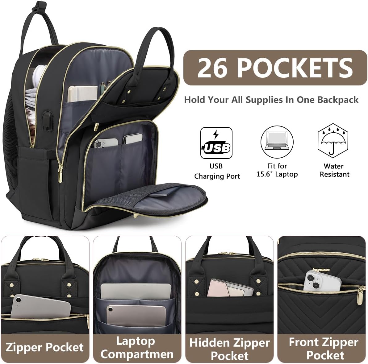 Laptop Backpack for Women Work Bag - 15.6 inch Black Travel Backpack College Backpack with USB