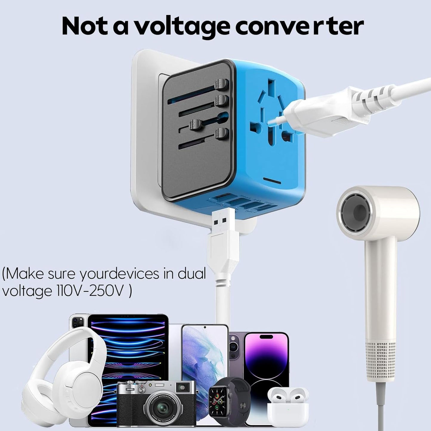 JMFONE Universal Travel Adapter with 4 USB C/A Ports and AC Outlets, All-in-One International Power Plug Adapter for All USB Devices, Worldwide Travel Charger for Europe US UK AU 200+ Countries(Blue)