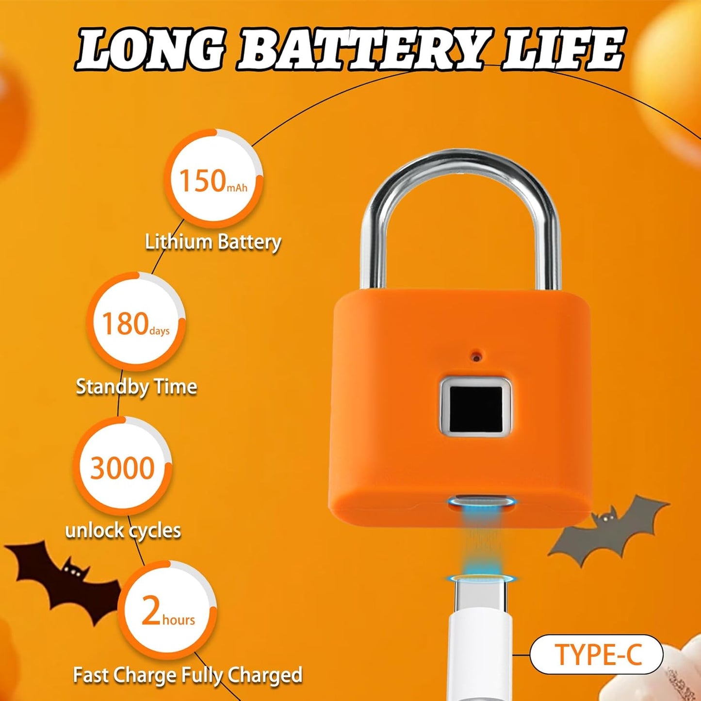 UMIKSMART Padlock, Keyless Fingerprint Padlock with USB Charging, Gym Lockers, School Lockers, Luggage, Storage Boxes, Cabinets, Backpack, Halloween Gifts (Pumpkin Glow Orange)