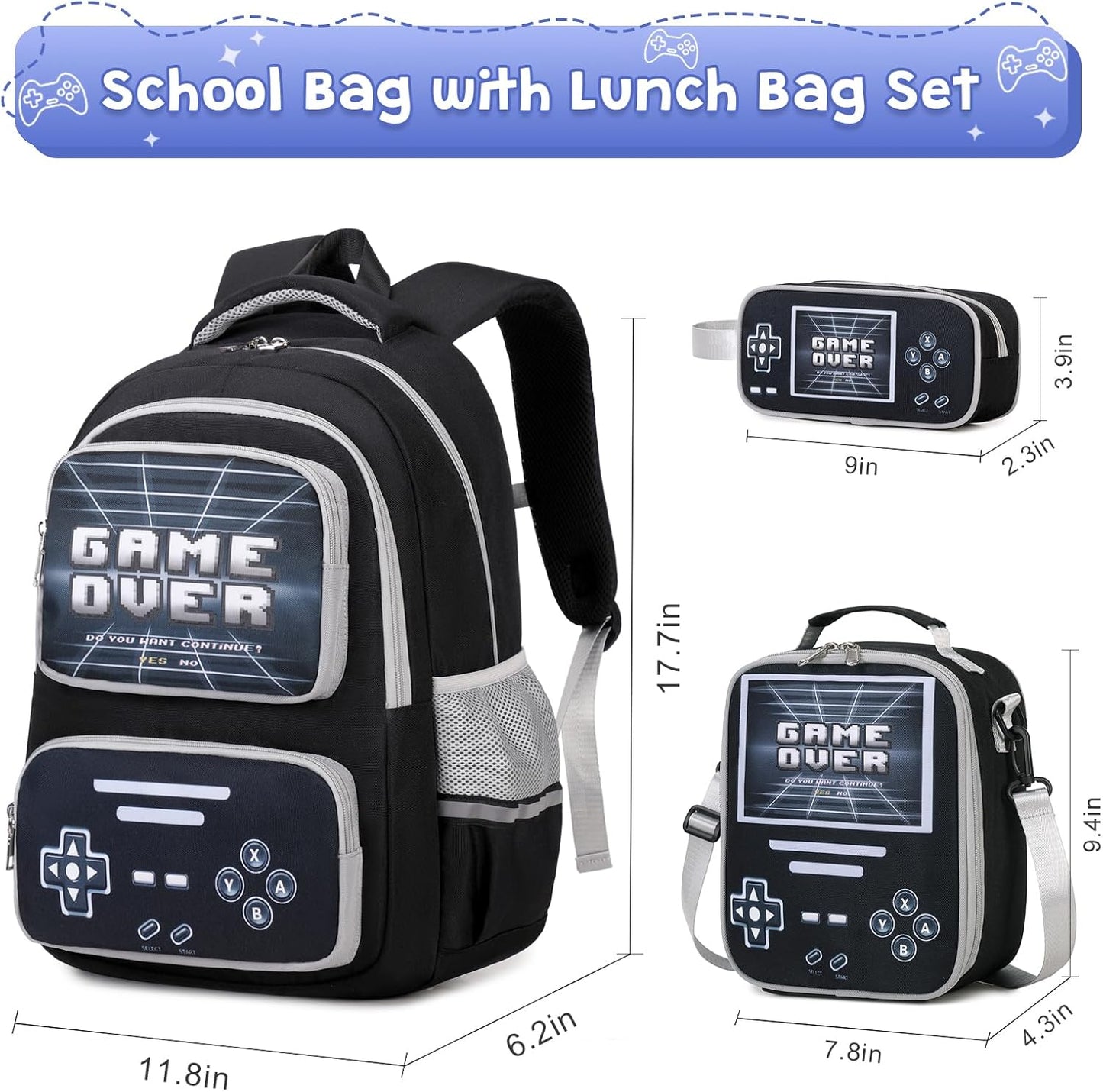 Gamer Backpack for Boys - Cool Luminous School Bag with Lunch Bag Pencil Case - Kids Backpack Elementary Middle School Book Bags for Teen Boys with USB Charging Port (Black Grey)
