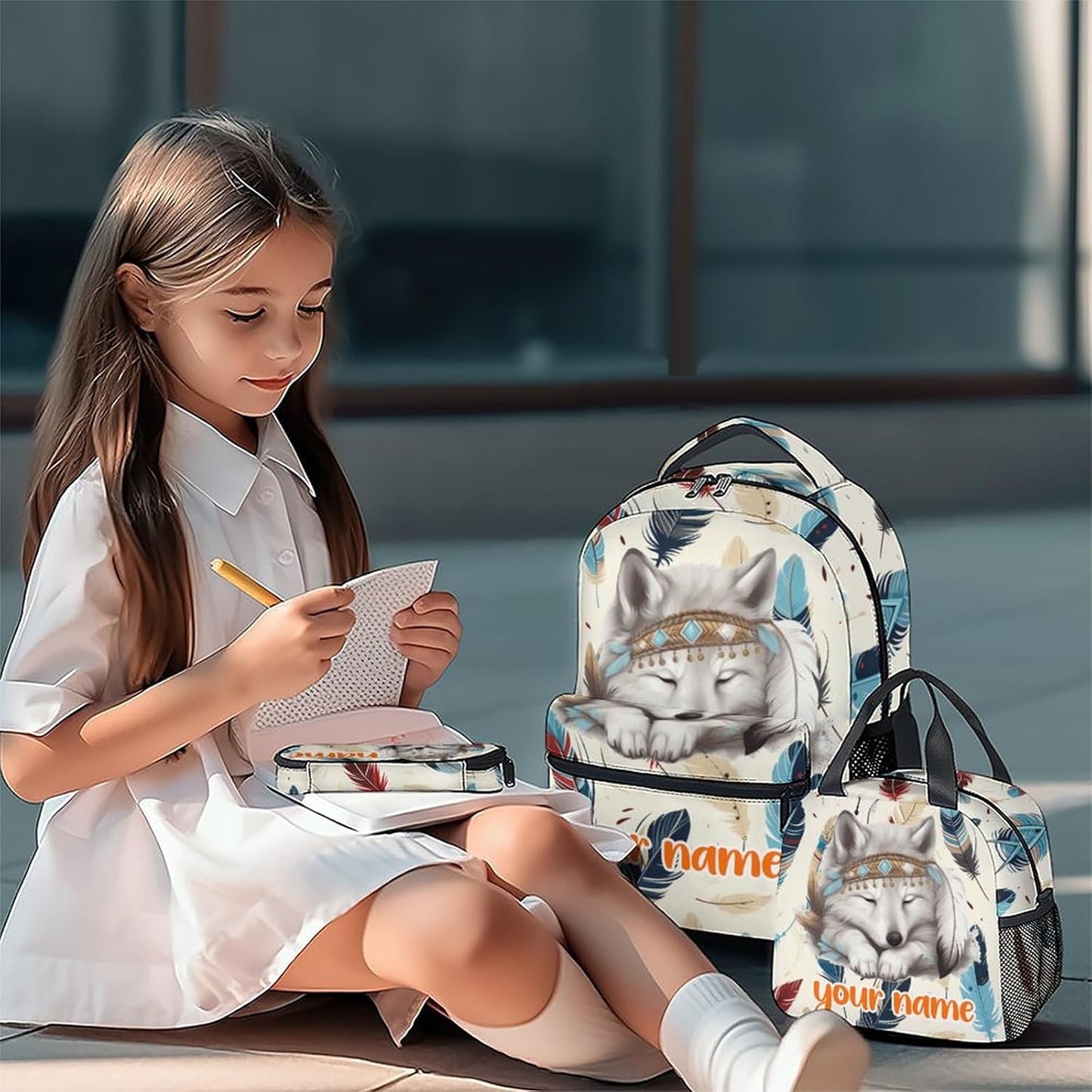 UNIKITTY Custom Kids Backpack - 3PCS School Set for Girls Boys, Cute Wolf Design With Lunch Bag