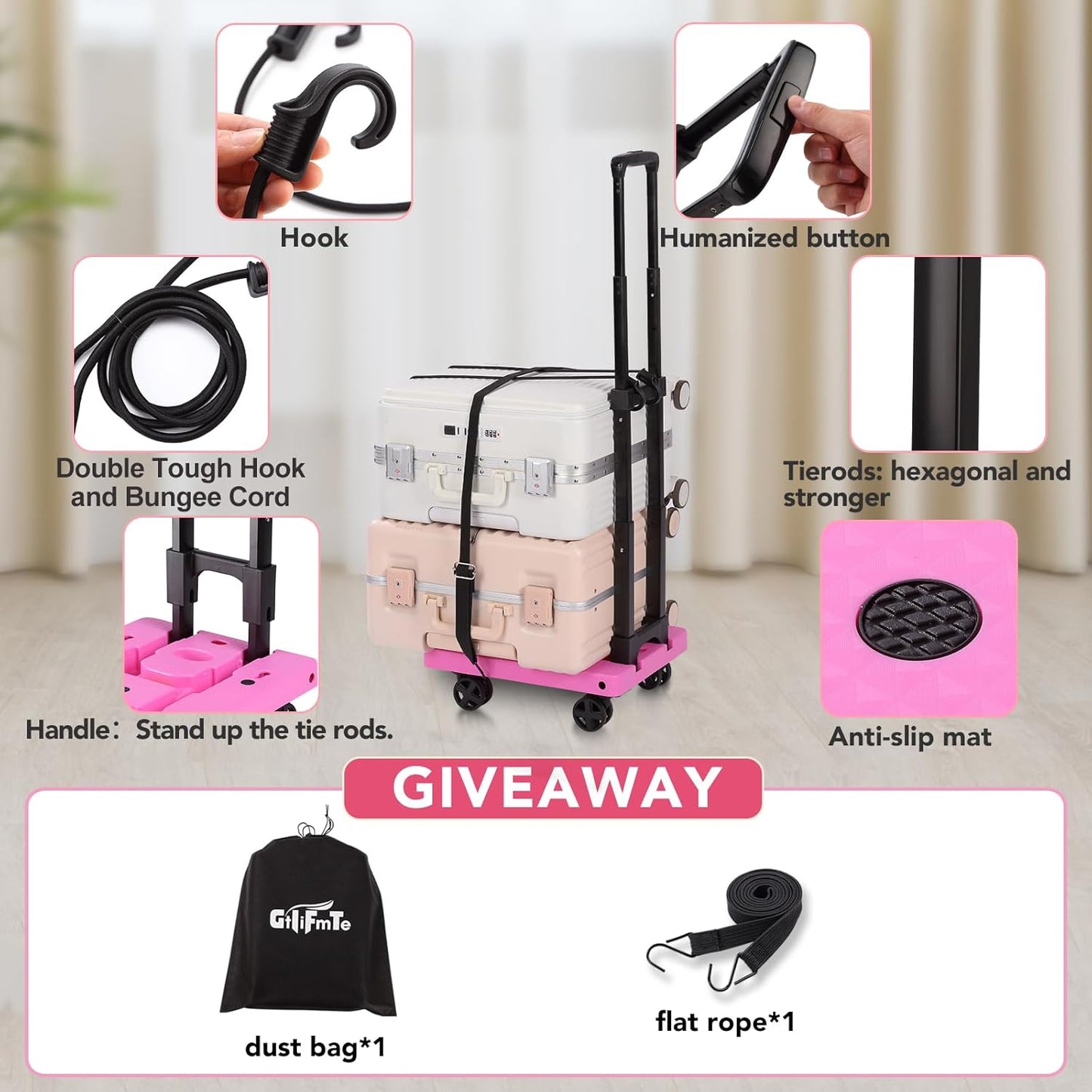 Folding Hand Truck Lightweight Hand Truck Dolly Foldable,Luggage cart with 4 Rotate Wheels, Utility Cart with Adjustable Handle,Collapsible Dolly for Moving -Pink