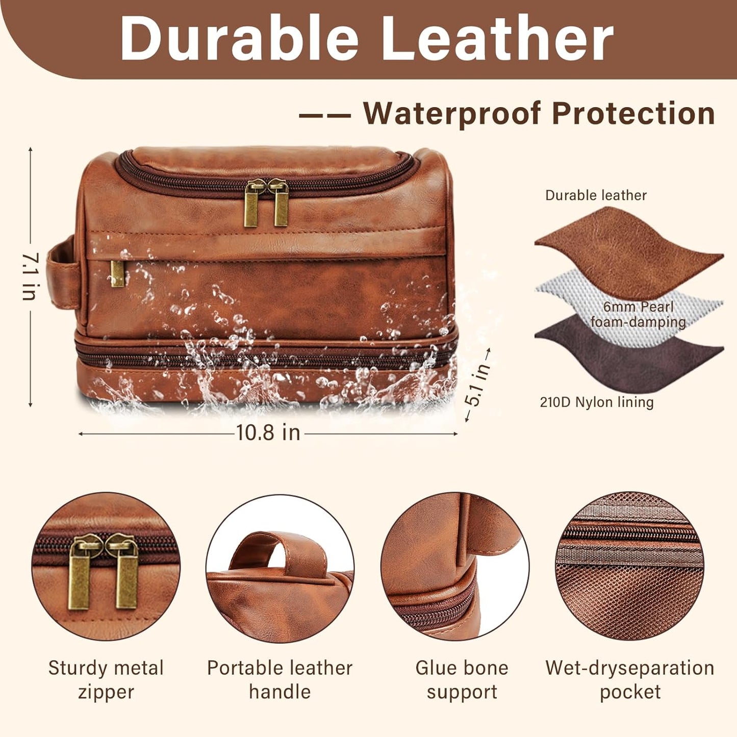Toiletry Bag for Men, Large Leather Travel Essentials Shaving Kit, Water Resistant Bathroom Toiletries Organizer Cosmetic Bags, Gifts for Men, Him, Father, Dad, Husband, Son, Boyfriend, Grandpa