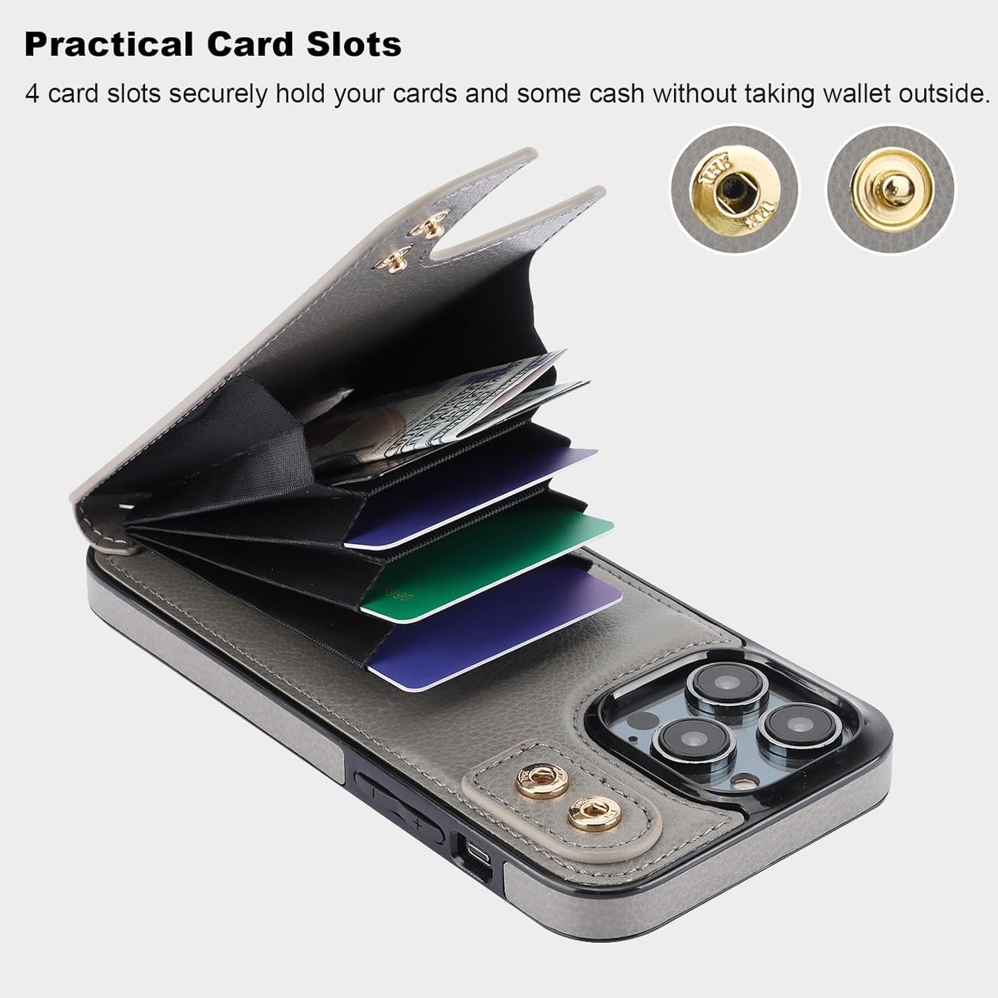 Folosu Compatible with iPhone 14 Pro Max Case Wallet with Card Holder, 360°Rotation Finger Ring Holder Kickstand, RFID Blocking Leather Protective Double Buttons Shockproof Cover 6.7 Inch Gray