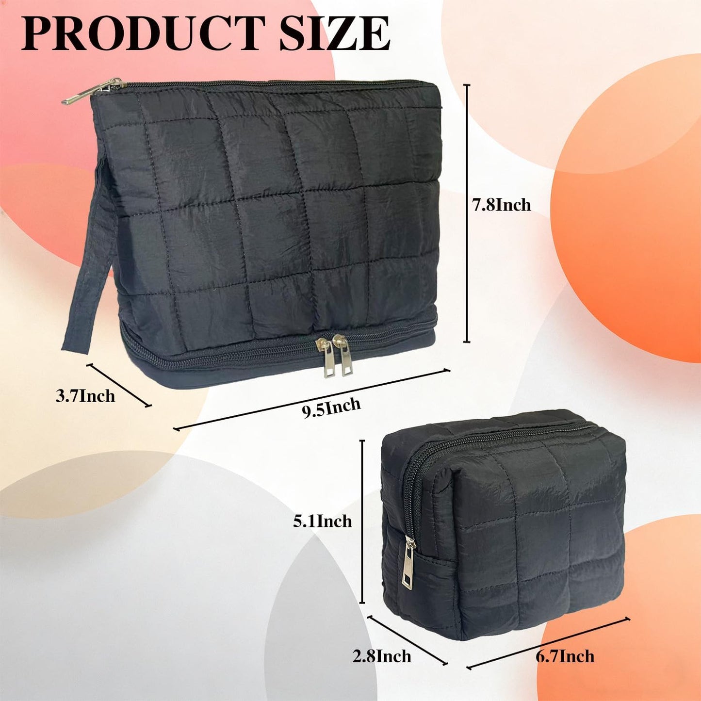 Black Puffy Puffer Makeup Bag for Purse Small Makeup Pouch Quilted Cosmetic Bag Cute Cotton Toiletry Pouch Bag for Women