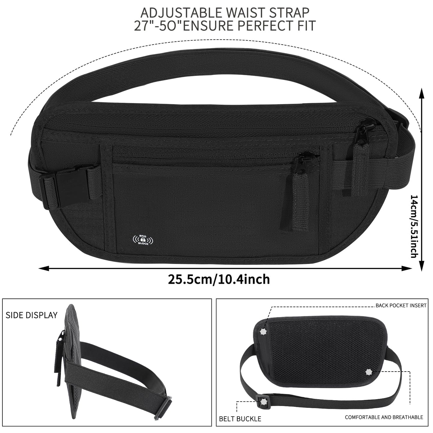 Money Belt for Travel, RFID Blocking, Hidden Money Belt, Passport Holder for Travel (Black)