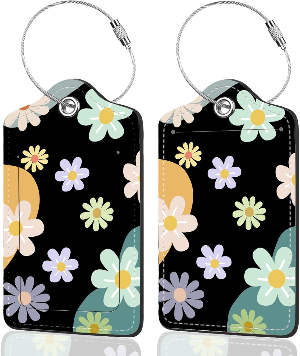 2Pack Luggage Tags for Suitcases, Cute Unique Pu Leather Cruise Luggage Tag with Privacy Cover ID Label Address Card and Metal Ring Suitable for Women Men Kids Travel Bag Colorful Little Flower 9
