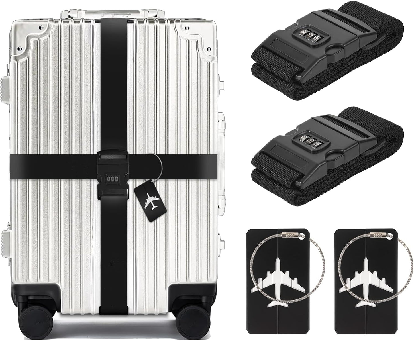 BILIONE 2 Pack Luggage Straps for Suitcases with Password Lock & Metal Airplane Tags, Adjustable Suitcase Belt & Travel Belt, Luggage Connector Straps to Connect Two Bags 20-34 Inch (Black)
