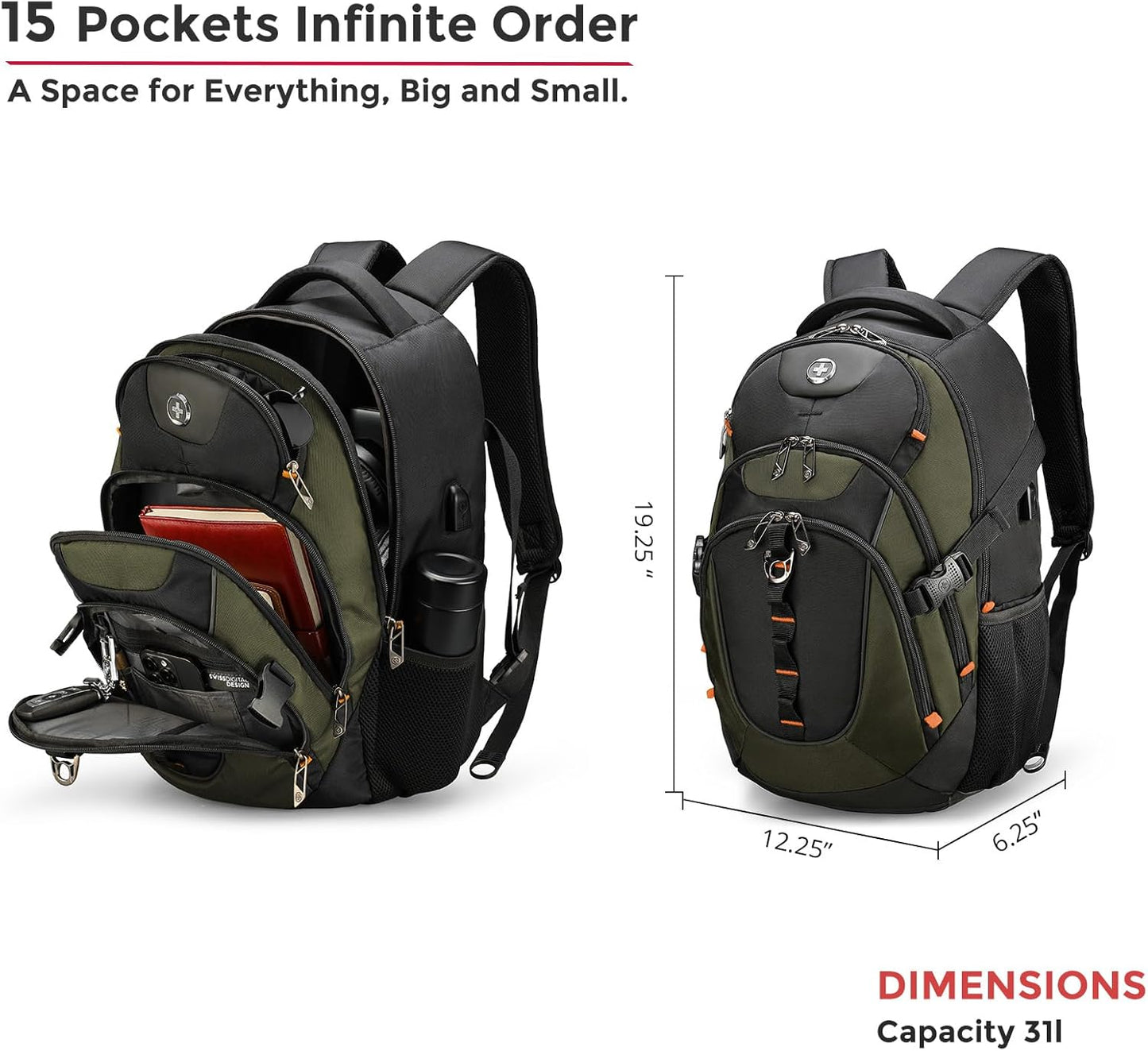 Swissdigital Design Laptop Backpack with USB Charging Port, Travel Backpack Fits 15.6 inches Computer, 31L College School Backpack for Men, Olive/Black | SD803-26