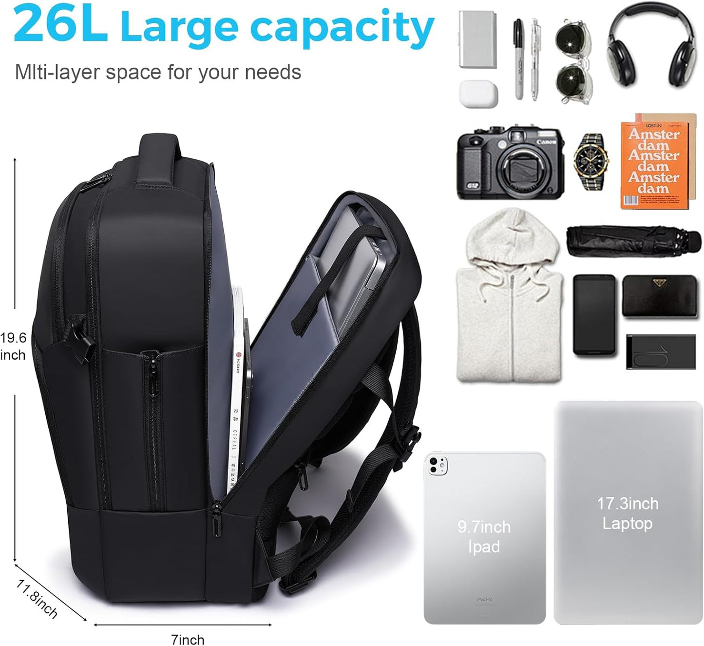 Travel Backpack for Men, 17.3 Inches Business Laptop Backpack Water-Resistant Carry on Airline Approved 18x14x8 Luggage Backpack with USB Charger Port