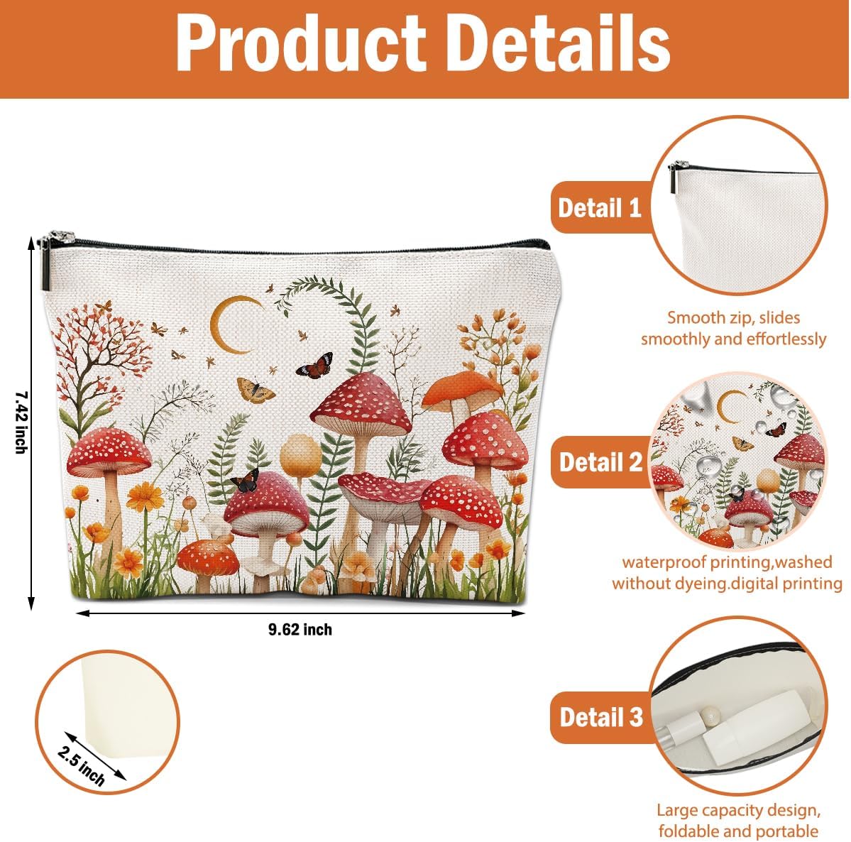 2 PCs Floral Mushroom Makeup Bag Mushroom Gifts Cosmetic Bag, Mushroom Stuff mushroom bag, Mushroom Gift for Women Girls Friends Coworkers Christmas birthday Gifts Botanical Zipper Pouch