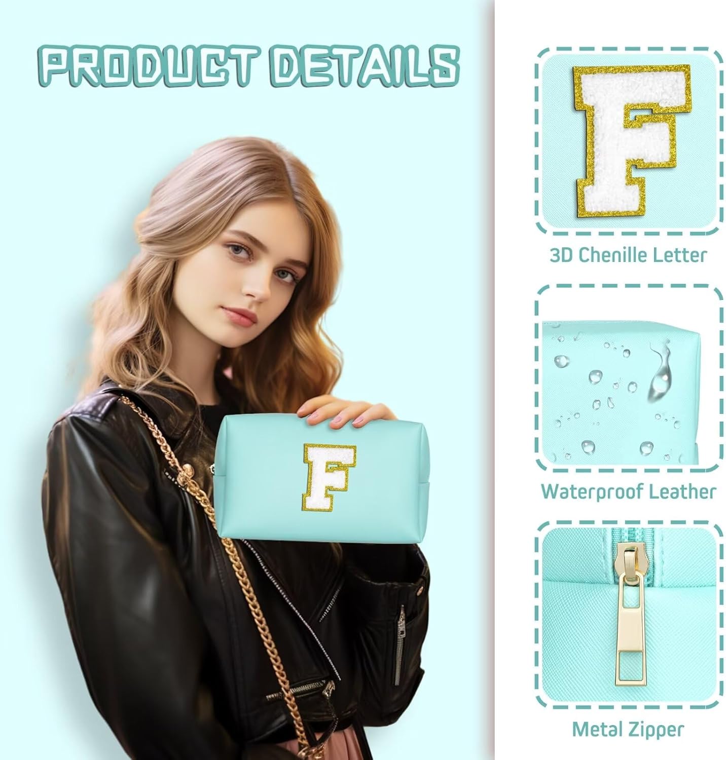 TOPEAST Preppy Patch Makeup Bag, Chenille Letter Pouch Cosmetic Bag, PU Leather Waterproof Toiletry