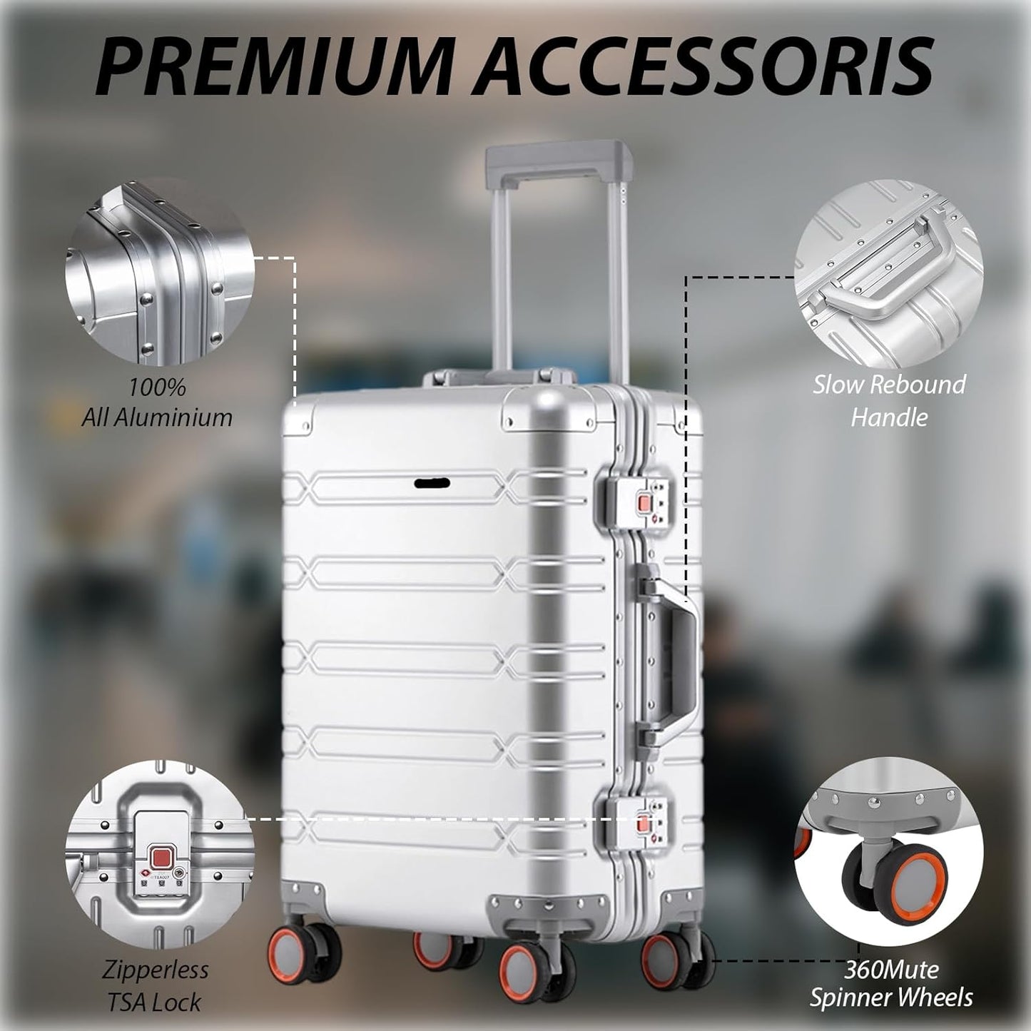 Tmore Aluminum Frame Luggage with Spinner Wheels, with TSA Locks Hard Shell Suitcase, Business 24" Silver Medium