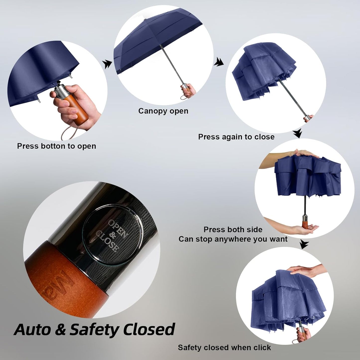 Umbrellas for Rain, Heavy-Duty Windproof Travel Umbrella — Auto Open/Close, Vented Triple-Layer Canopy, 10 Fiberglass Ribs, Folding Design, Large Coverage, Wooden Handle
