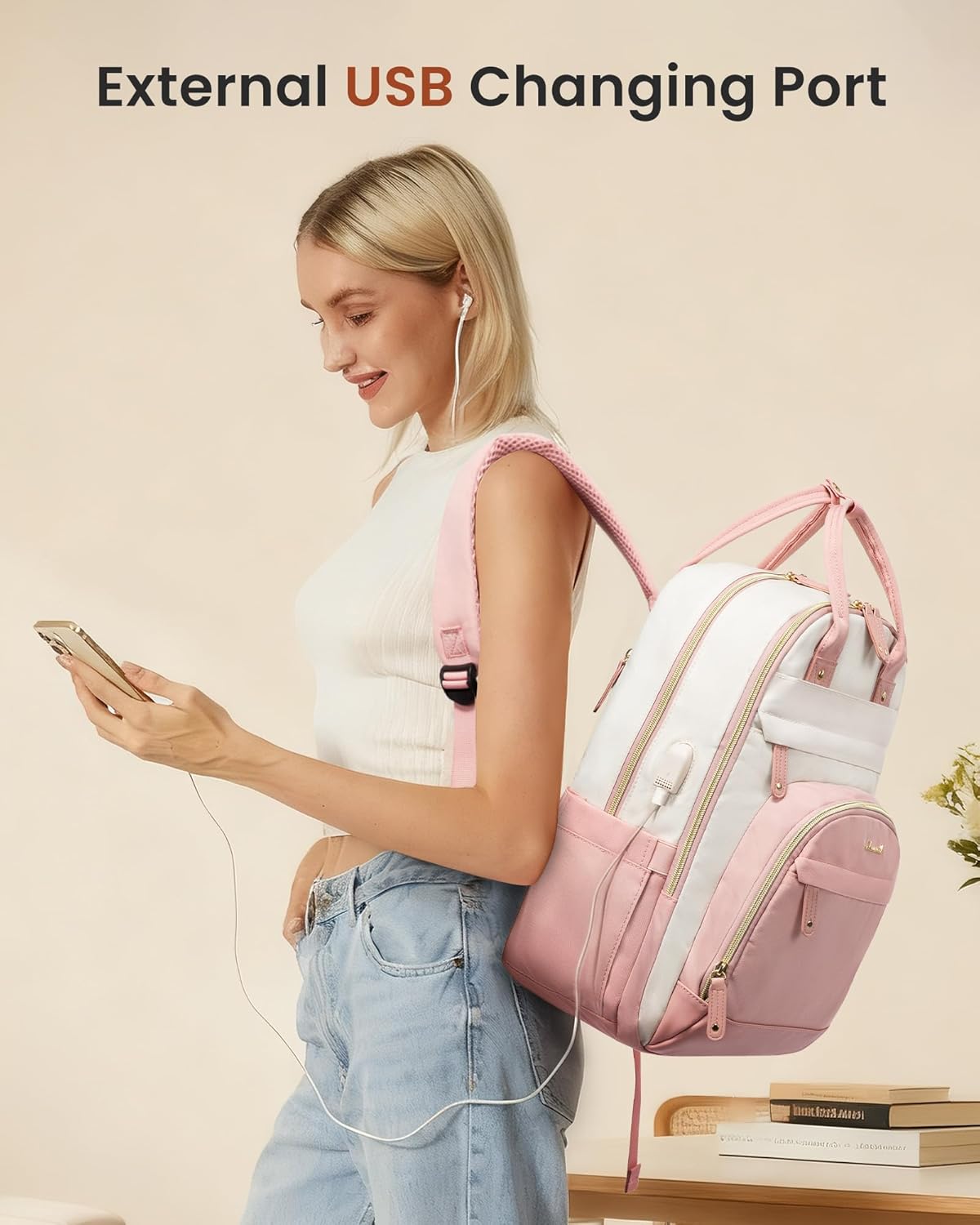 LOVEVOOK Backpack for Women,Laptop Backpack Women,Fits 15.6 Inch Laptop Bag,School Backpacks,Fashion Travel Work Anti-theft Bag,Waterproof Business Computer College Backpack Purse,Beige-Pink-Pink