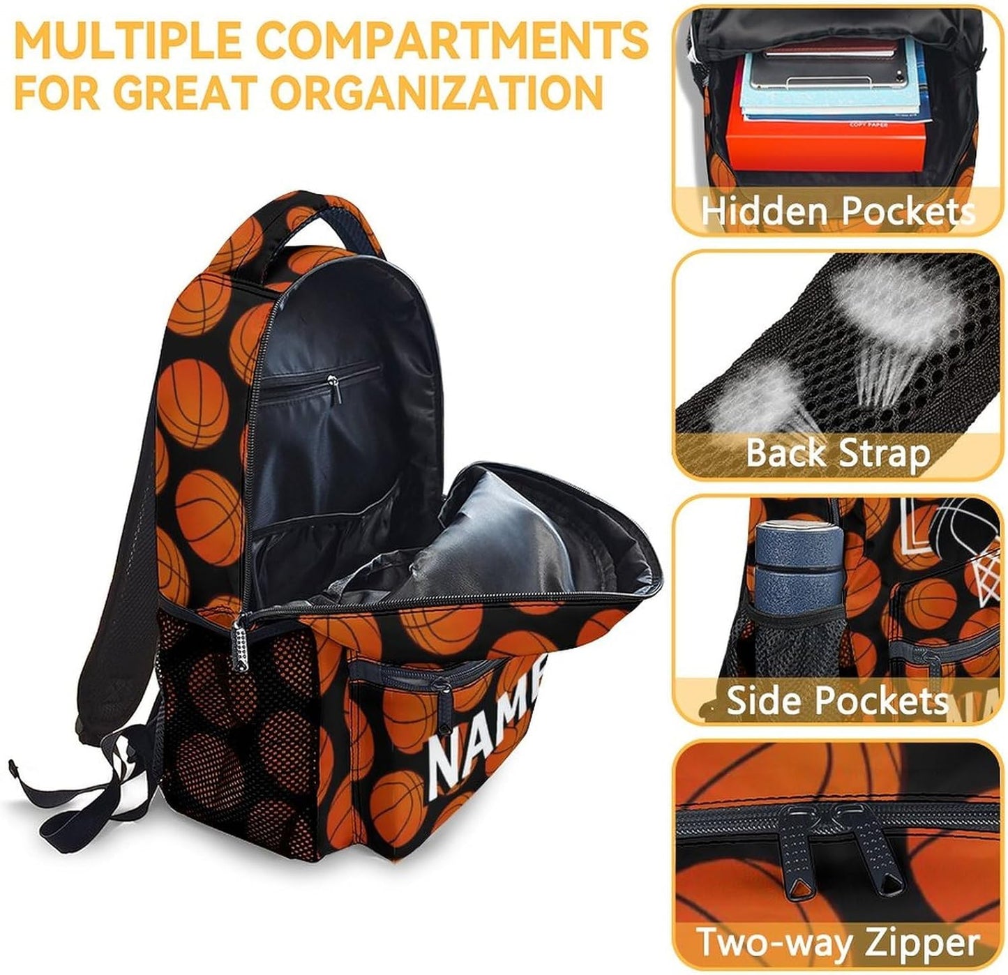 Mercuryelf Custom Basketball Backpack with Lunch Box And Pencil Case, Personalized Elementary Kindergarten School Preschool Bookbag for Boys Girls Kids, Set of 3