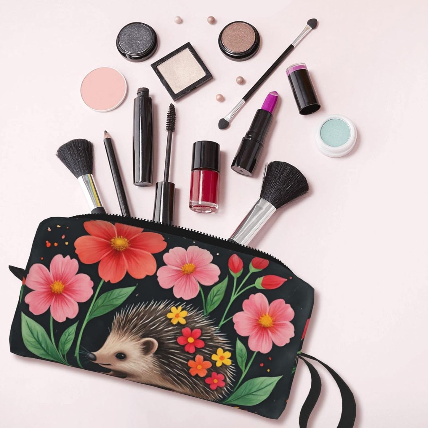 Flower Hedgehog Makeup Bag Small Compact & Durable Travel Cosmetic Bag Organizer Oxford Fabric