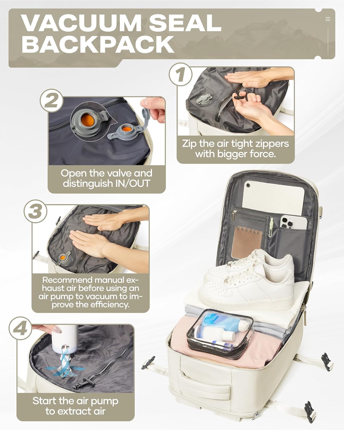 Travel Vacuum Backpack for Women Men, 33L Large Carry on Luggage Spirit United Flight Approved, 18×14×8IN Personal Item Travel Bag with Wet Dry Separation Pocket USB Charging, Beige