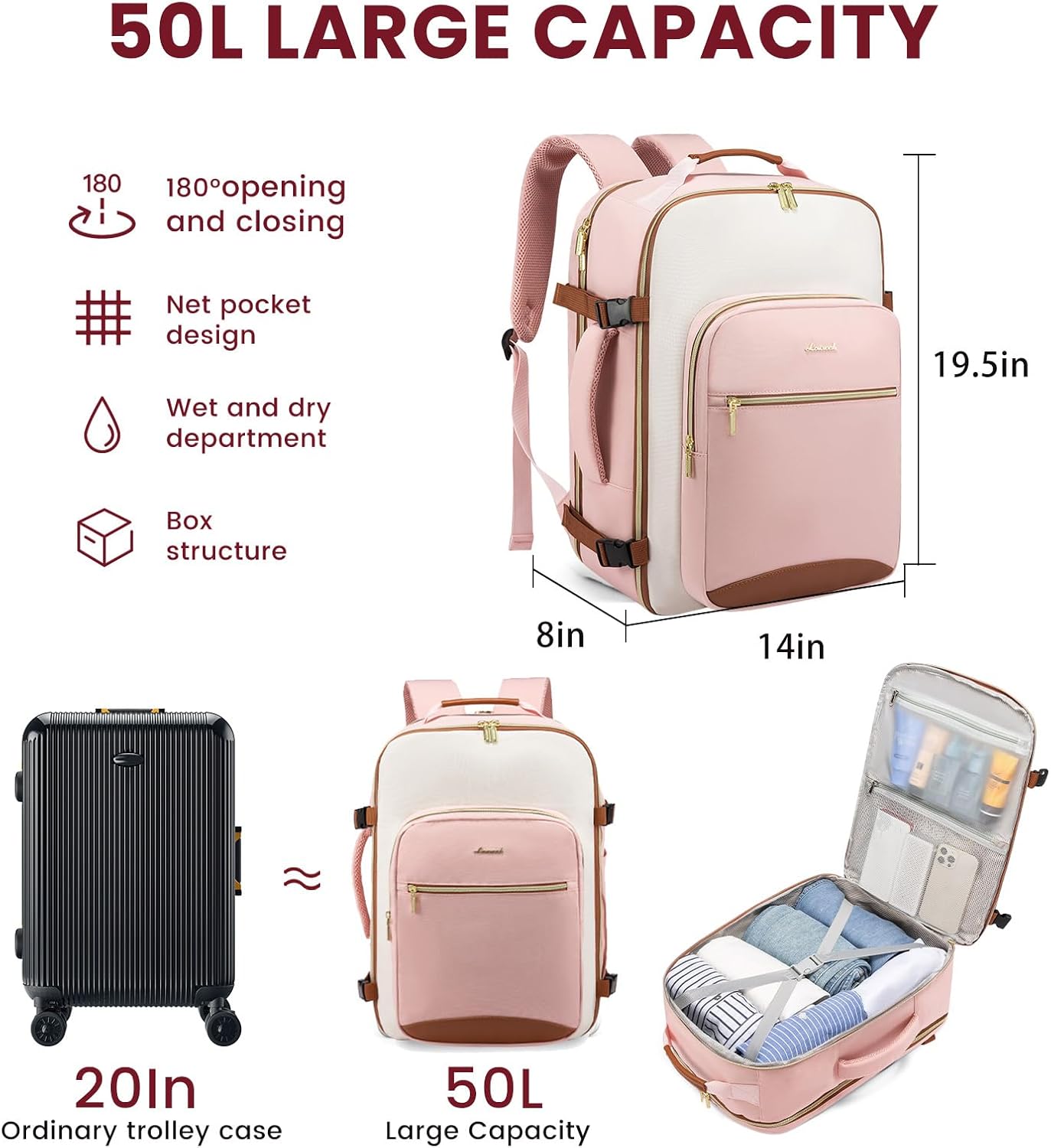 LOVEVOOK 50L Travel Backpack for Women & Men, Airline Approved Carry On Luggage with 3 Packing Cubes, TSA Overnight Bags, Waterproof Personal Item Bag, Weekender Essentials Backpacks fits 17" Laptop