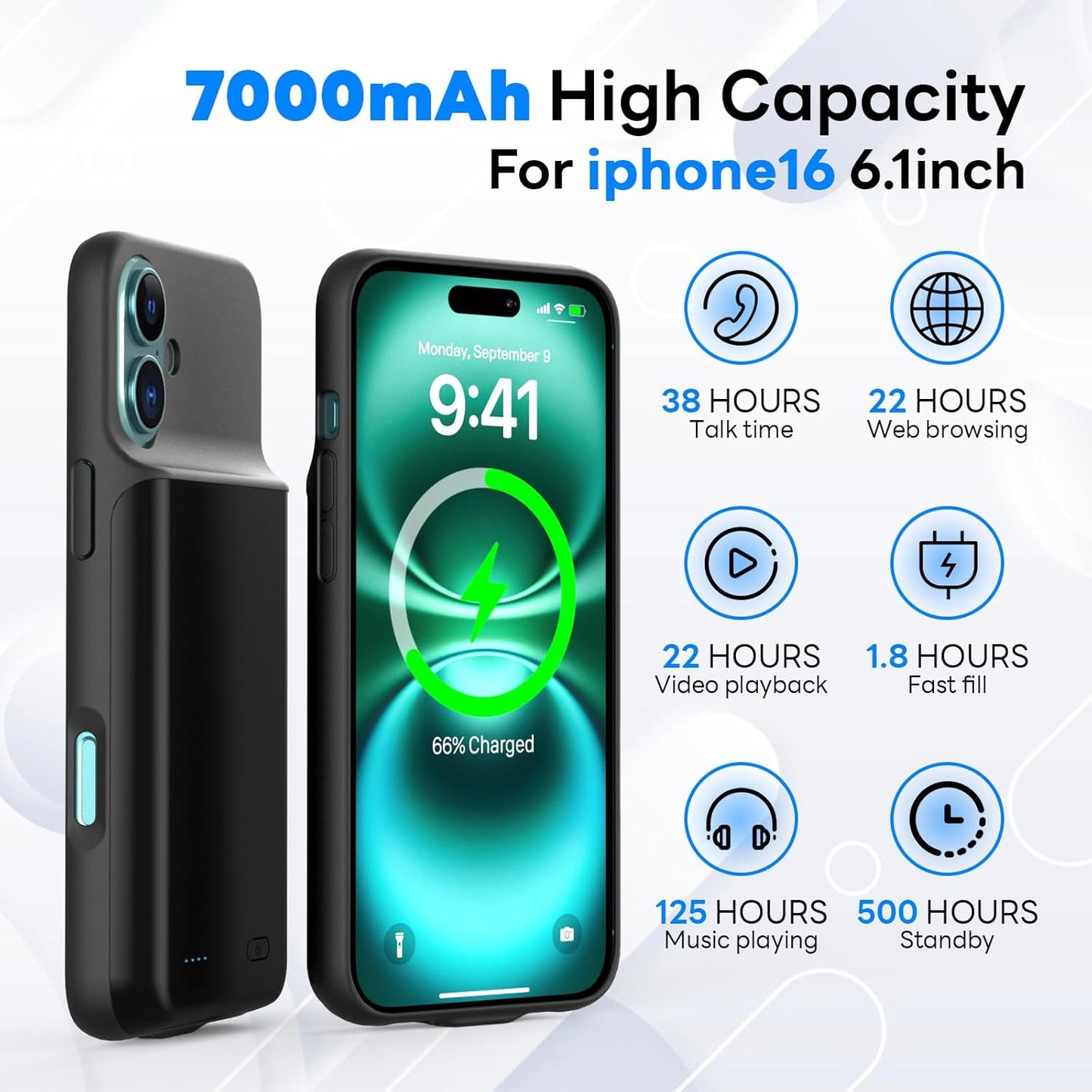 Battery Case for iPhone 16 (6.1 inch) Charging Case Ultra-Slim 7000mAh Rechargeable Portable Extended Charger Case Cover w/Tempered-Glass Protector-Black
