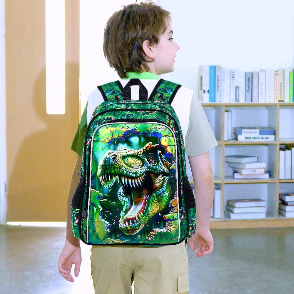 3Pcs Boys Backpack, 16" Dinosaur Bookbag for Elementary Preschool Kindergarten, Dino Kids School