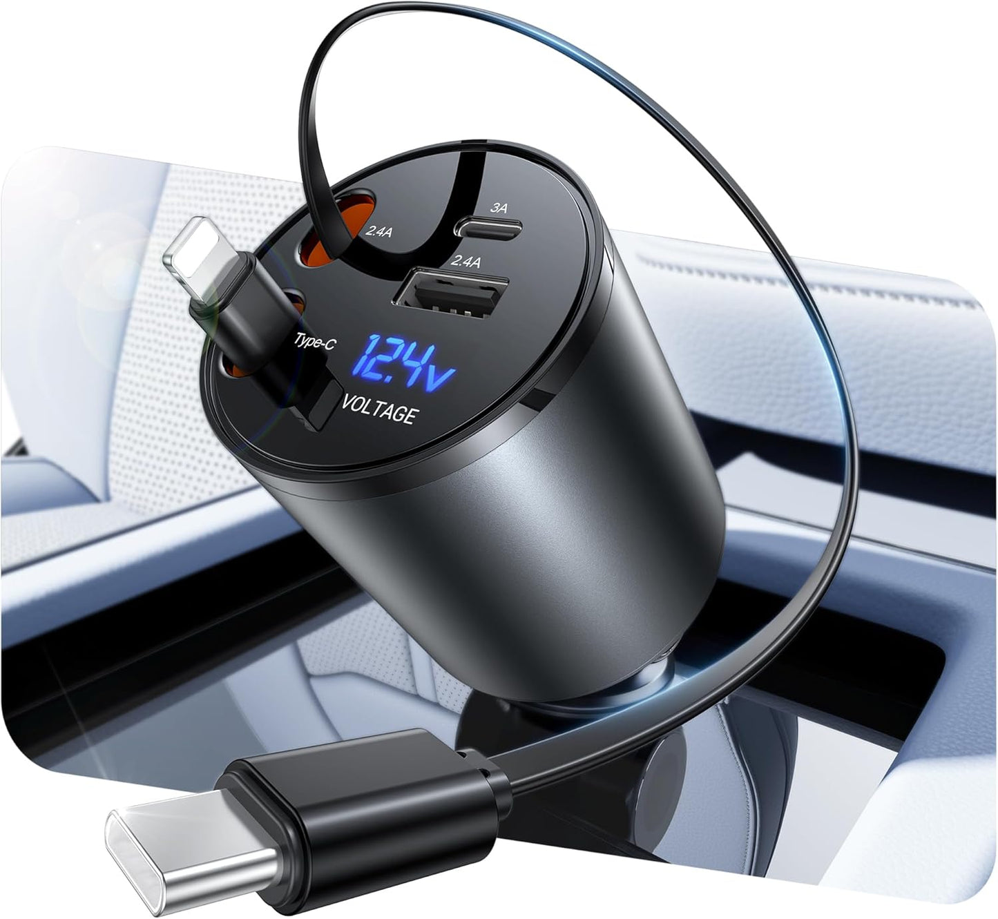Retractable Car Charger, [2025 New] 4 in 1 Fast Car Phone Charger with Retractable Type C & L Cords, 120W USB Car Charging Adapter for iPhone 13 14 15 16 17Pro Max, Samsung Galaxy, Pixel