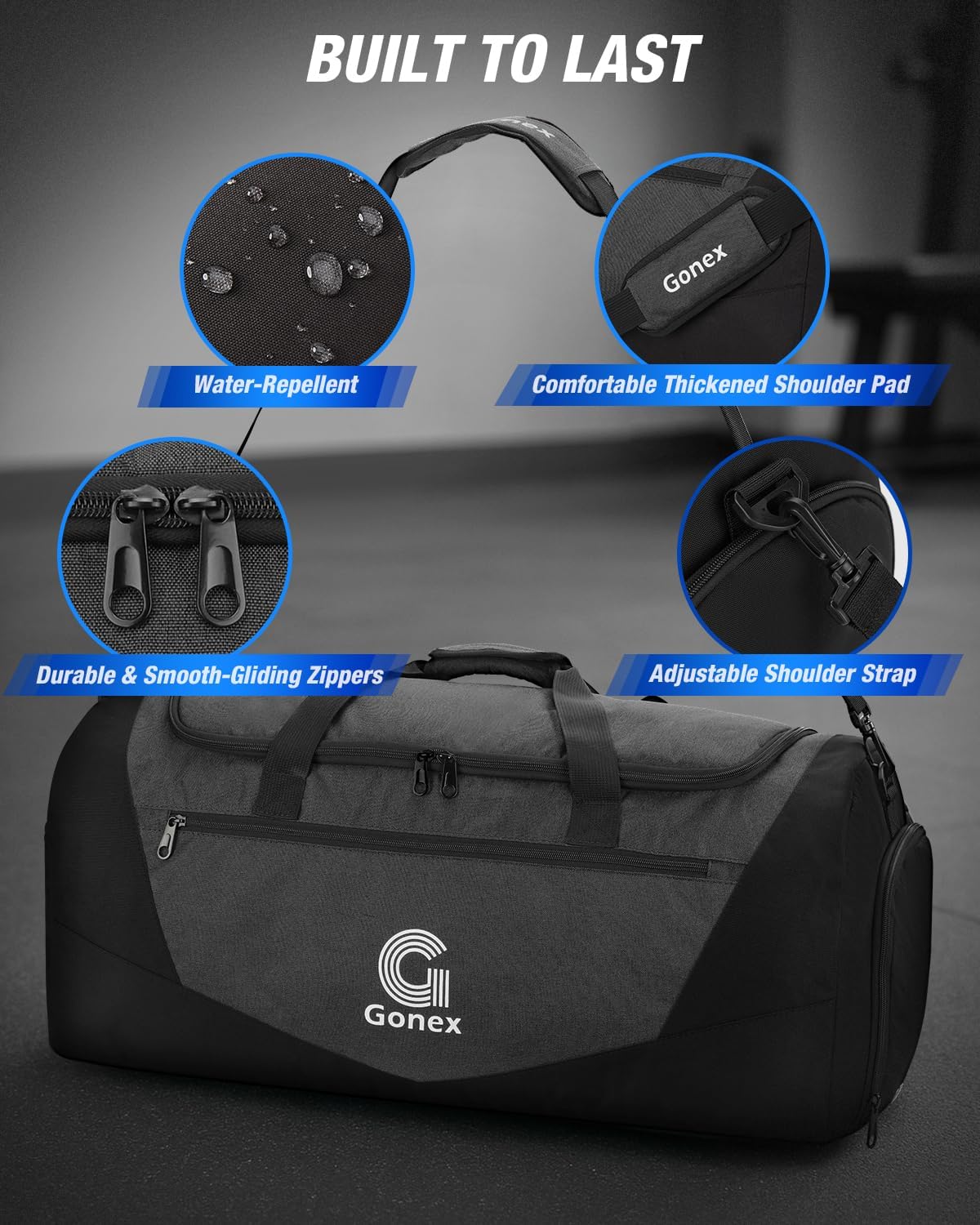 Gonex Gym Duffel Bag with Shoe Compartment Wet Pocket, Large Capacity Sports Duffle Bag for Men Women, Workout & Travel Bag with Multiple Pockets, Black, Large (100L)