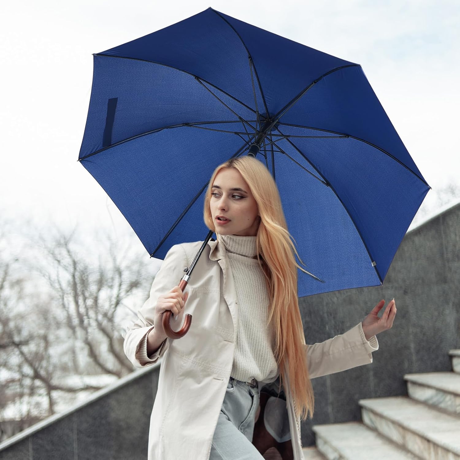 Silkfly 48 Inch Auto Open Umbrella Wooden J Stick Vintage Handle Windproof Unbreakable Wedding Fast
