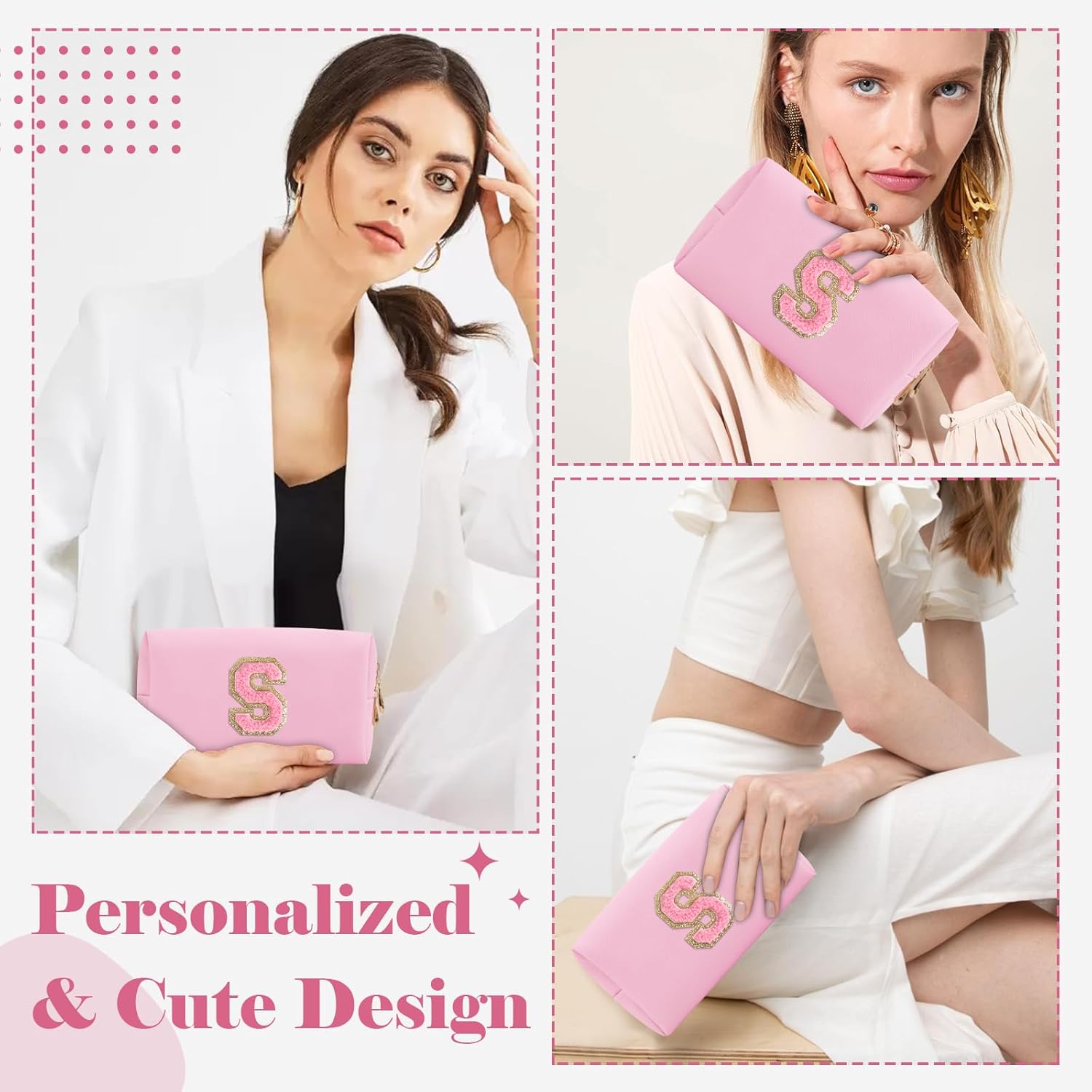 Personalized Initial A-Z Preppy Patch Makeup Bag,Small PU Leather Chenille Letter Cosmetic Bag with