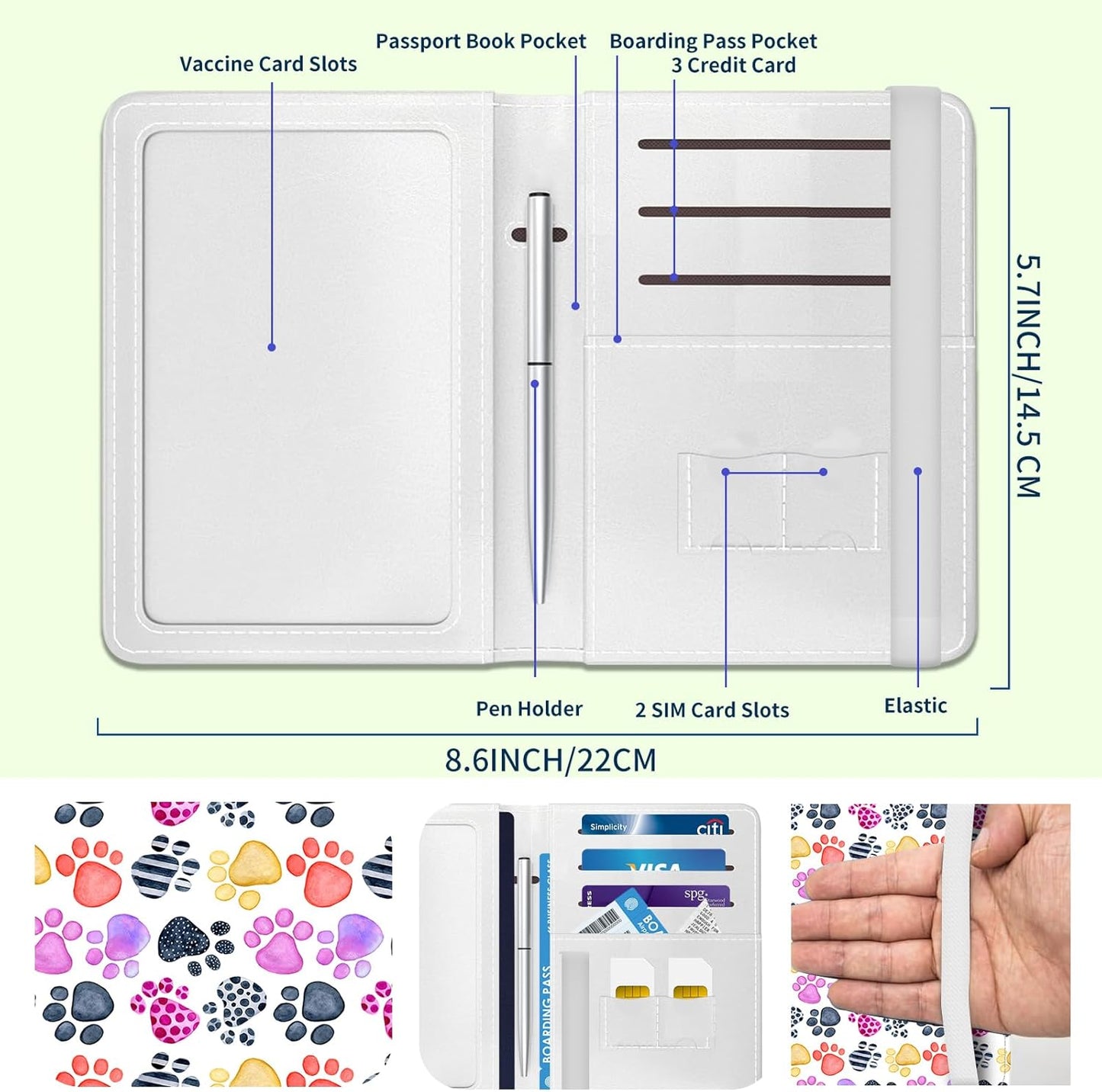 Passport Holder for Travel Essentials, Leather RFID Blocking Passport Wallet Cover Case, Cute Passport Book Holders for Women and Men Colorful Dog Paws