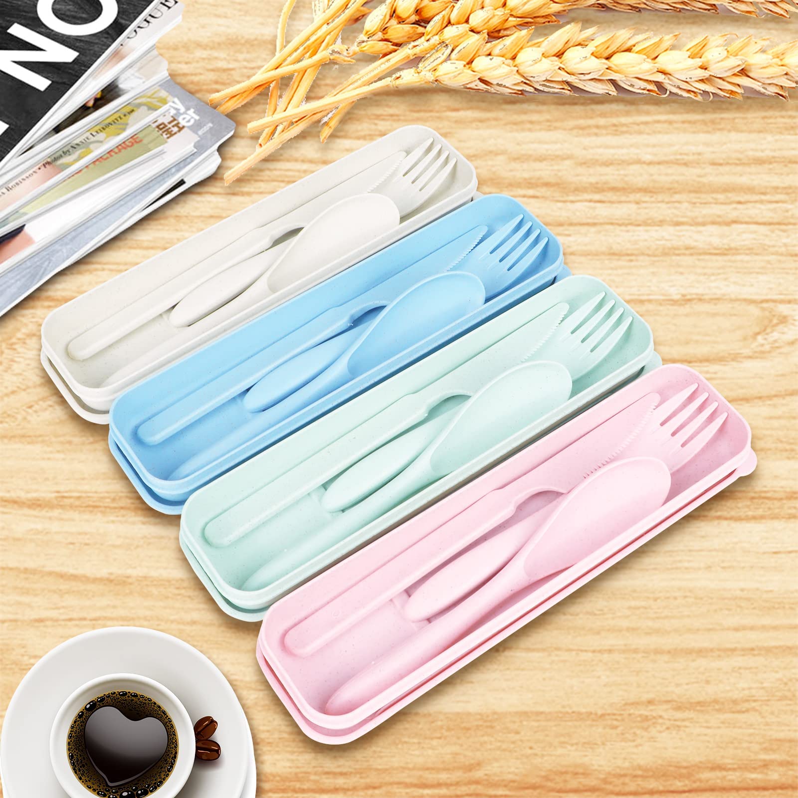 Reusable Travel Utensils Set with Case, 4 Sets Wheat Straw Portable Knife Fork Spoons Tableware