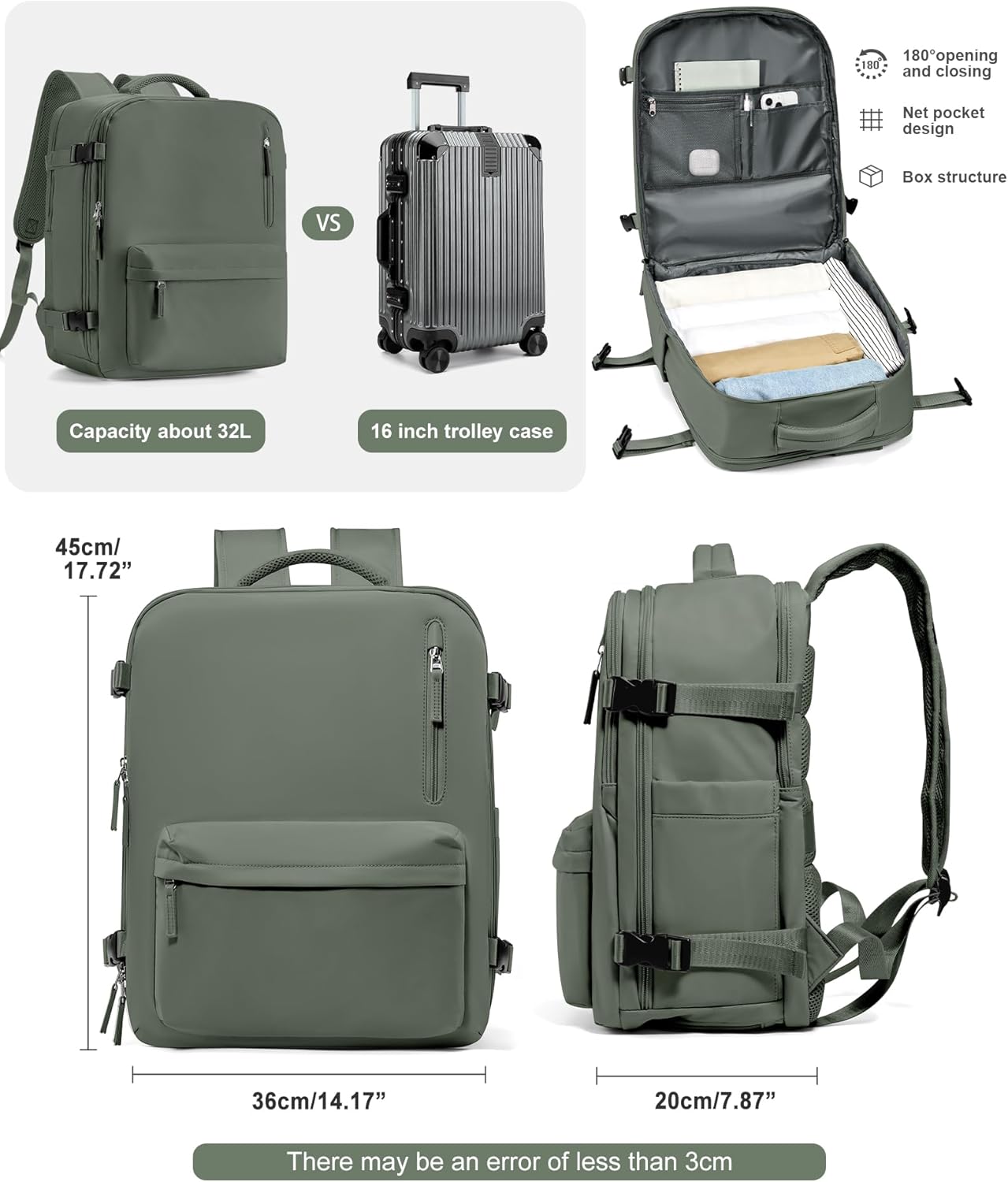 VGCUB Travel Backpack for Women Men for Spirit Airlines Personal Item Bag 18x14x8 Inches Laptop College Backpack,Waterproof Carry on Flight Approved Work Backpack,Large Army green
