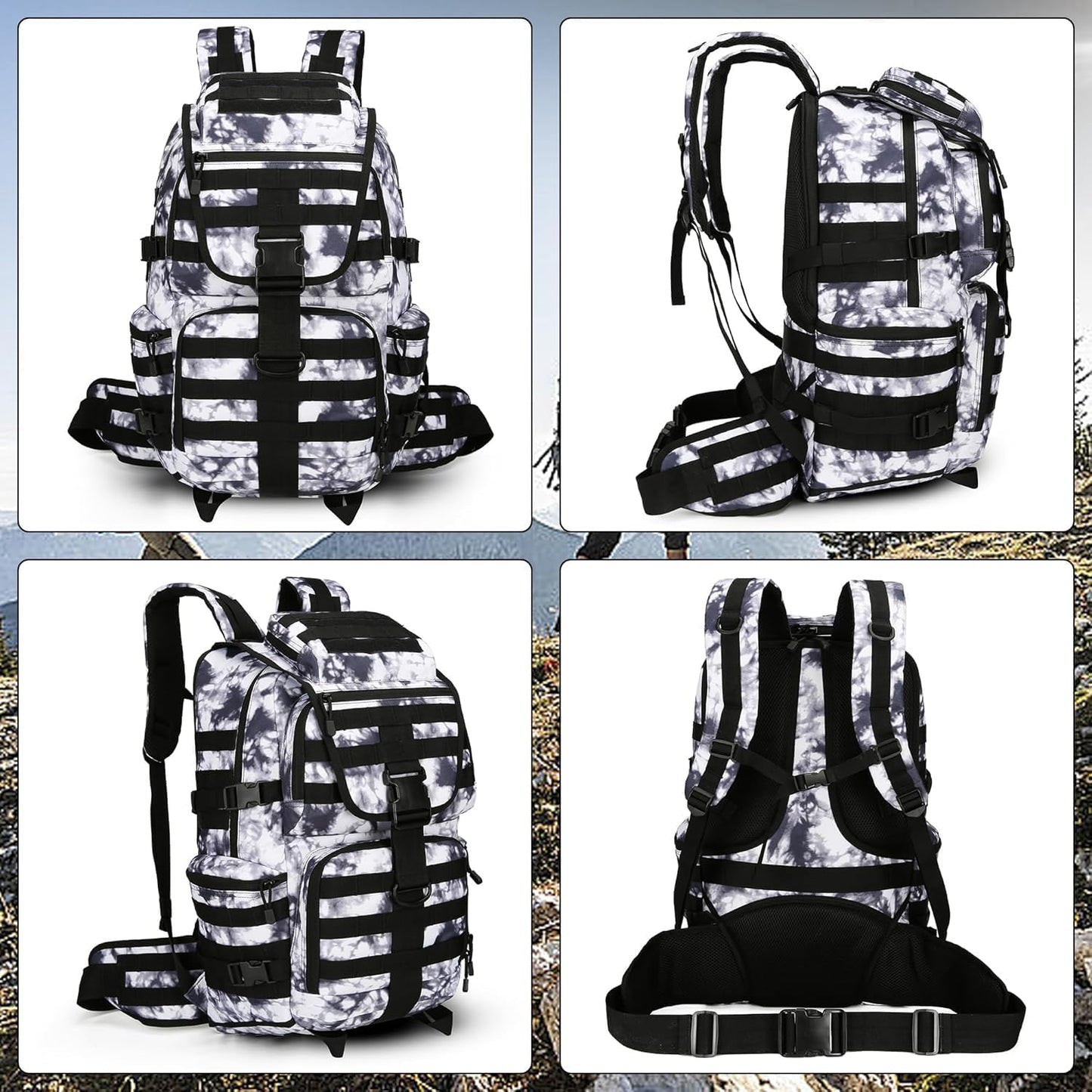 50L Military Tactical Backpack 3 Day Assault Pack Molle Daypack Hiking Backpack for Men and Women (Black white Tie-Dye)