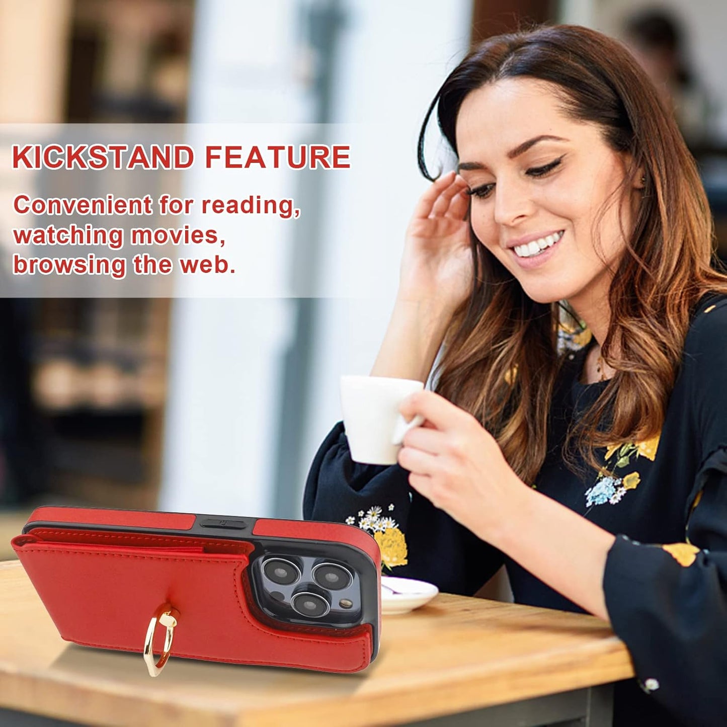 Folosu Compatible with iPhone 14 Pro Case Wallet with Card Holder, 360°Rotation Finger Ring Holder Kickstand, RFID Blocking Leather Protective Double Buttons Shockproof Cover 6.1 Inch Red