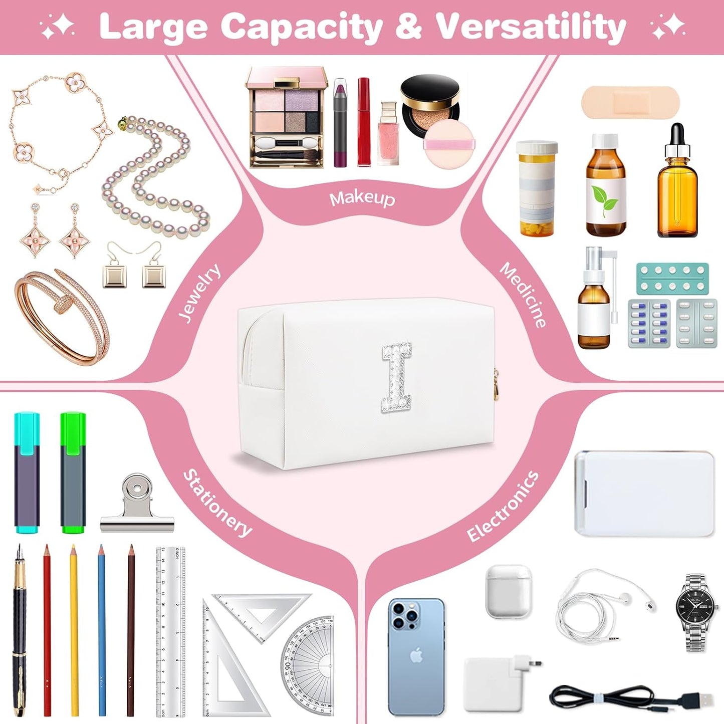 Bride Gifts – Personalized Initial Makeup Bag with Pearl Rhinestone Patch, Preppy White Monogram Cosmetic/Toiletry Pouch, bridesmaid Gifts, Bridal Shower Gifts, Wedding Gifts, Bridal Gifts,I
