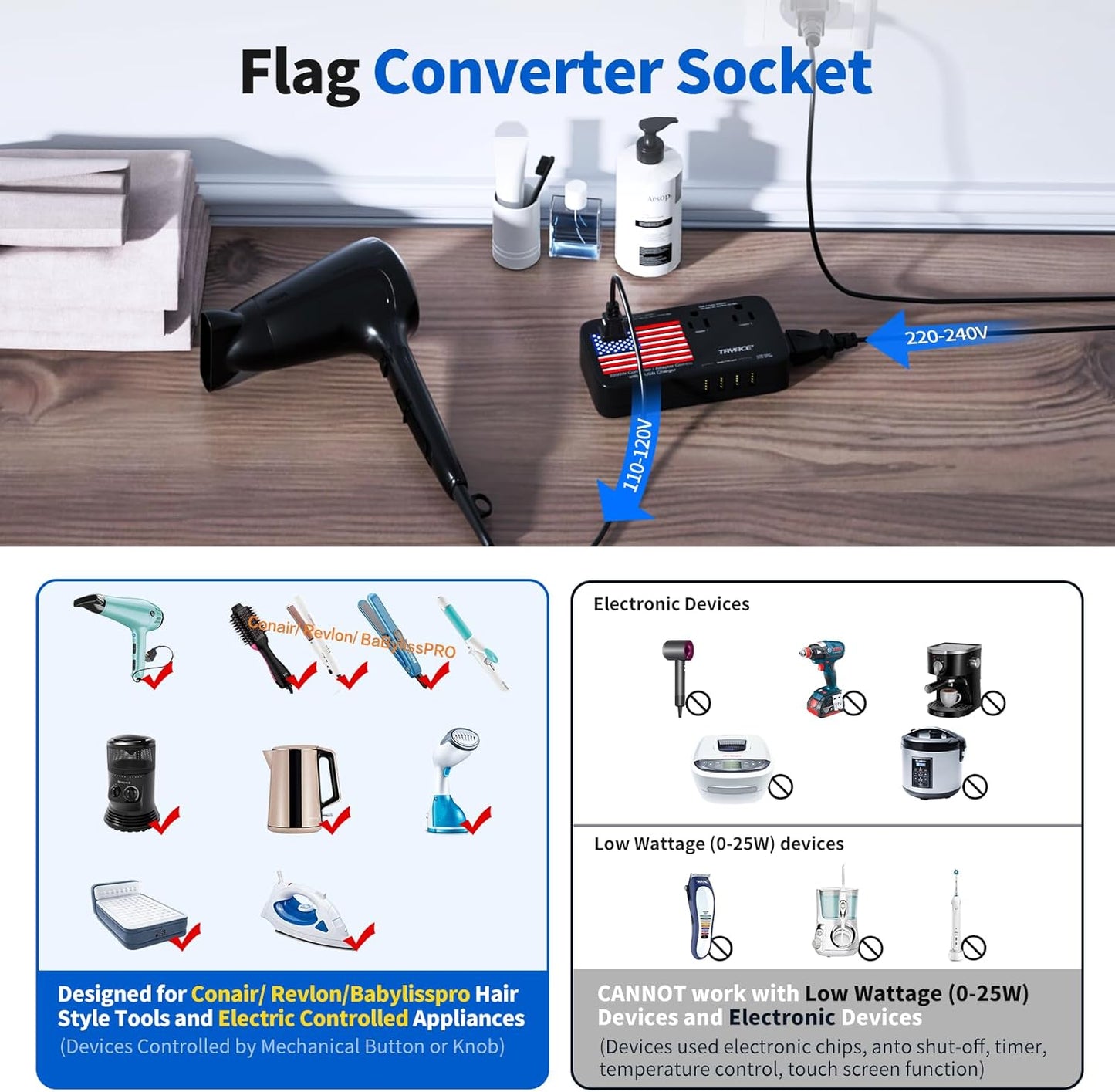 2200W Voltage Converter US to Europe, 220V to 110V Converter for European Travel for Hair Dryer Straightener Curling Iron with 3 AC Outlets and 4 USB Ports Power Converter Adapter Combo
