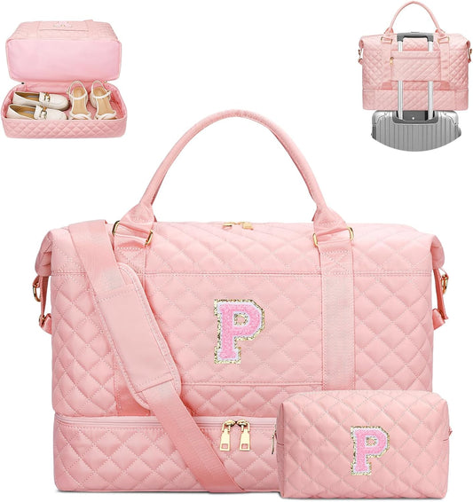 Gifts for Women Teen Girls Birthday Christmas Initial Travel Duffle Bag Quilted Weekender Bags Carry-On Overnight with Cosmetic Bag, Gym Bag with Shoe Compartment, Pink-P