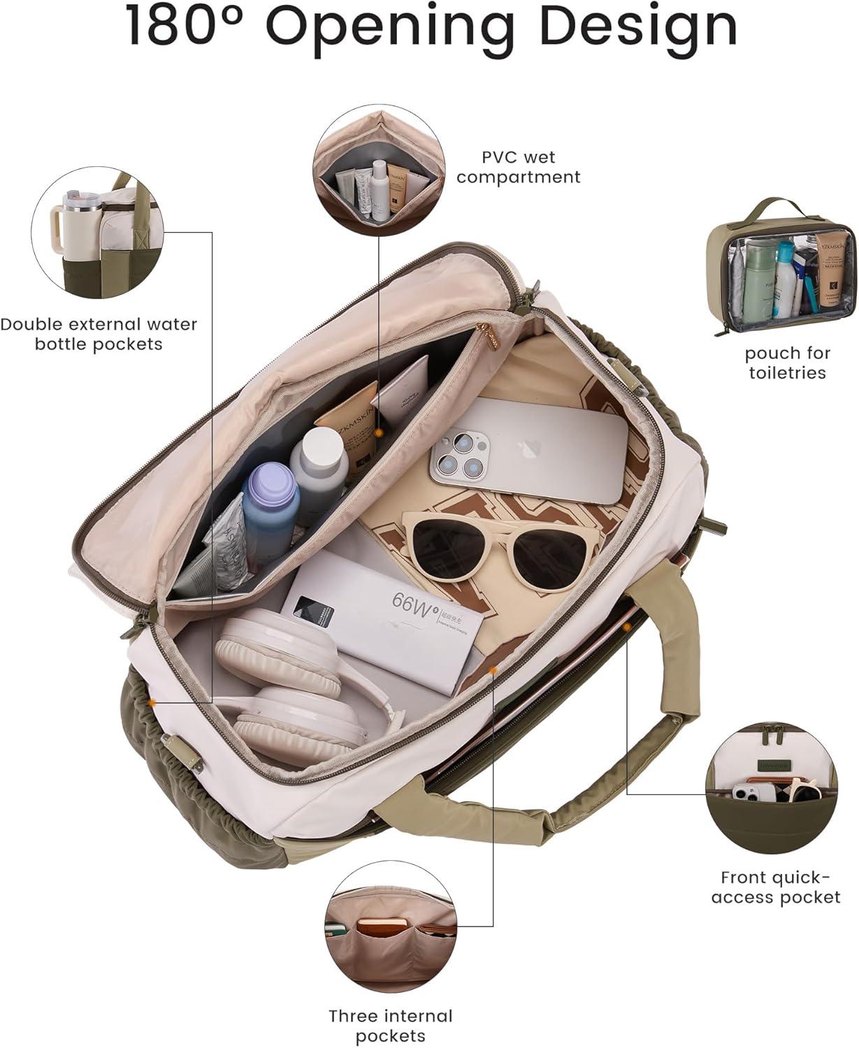 LOVEVOOK Weekender Bags for Women,Carry on Duffle Bag for Travel, Water-resistant Gym Bag with Wet Pocket,Overnight Travel Bag (Been Green, L)